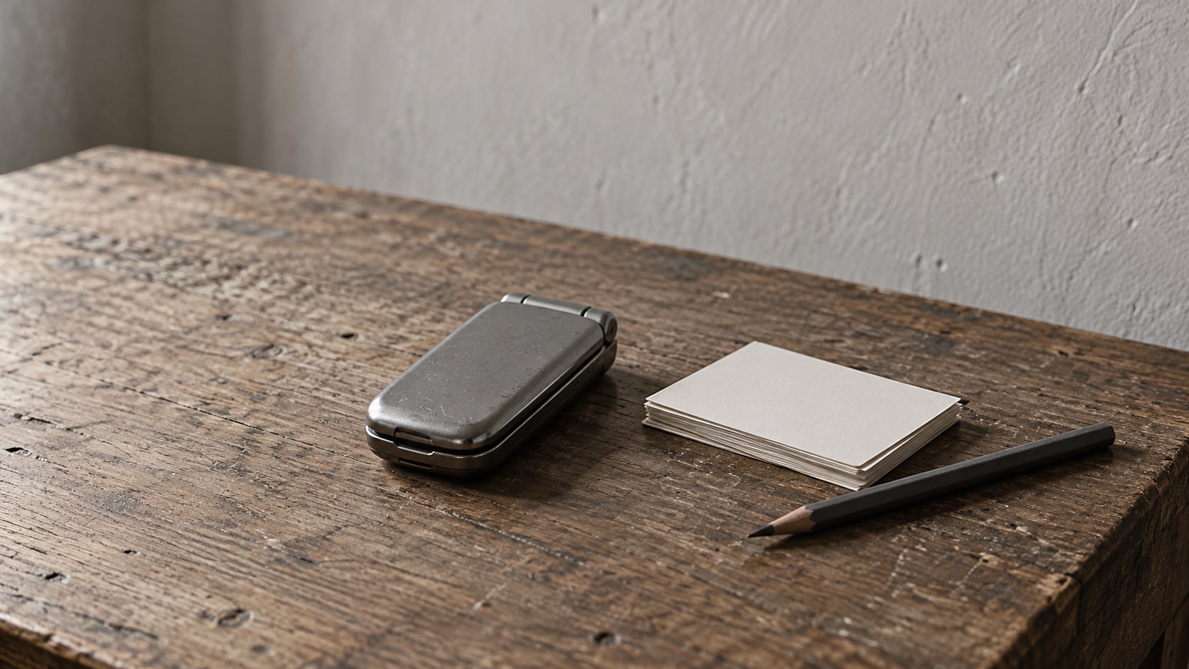 A closed flip phone beside a small stack of blank cards and a pencil on a worn wooden counter.