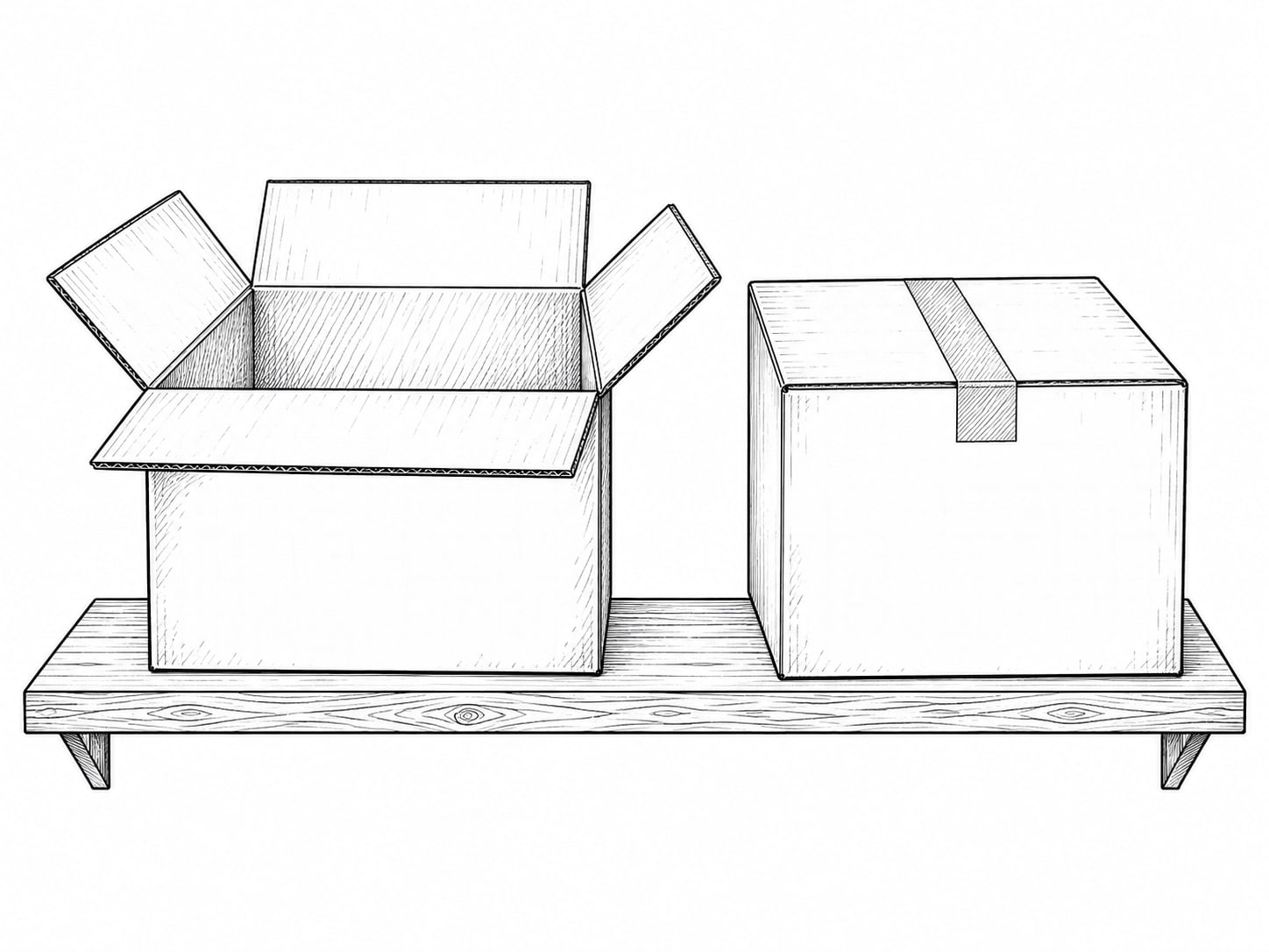 Two matching cardboard boxes side by side on a shelf, one empty with its flaps open and one closed and taped.