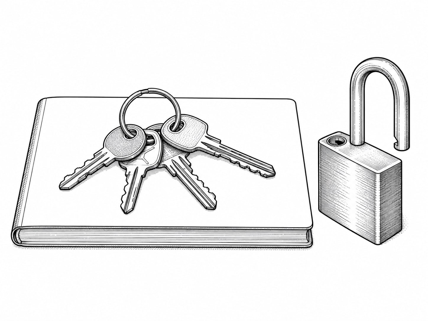 A key ring with several unlabeled keys laid on a closed notebook next to a single open padlock.