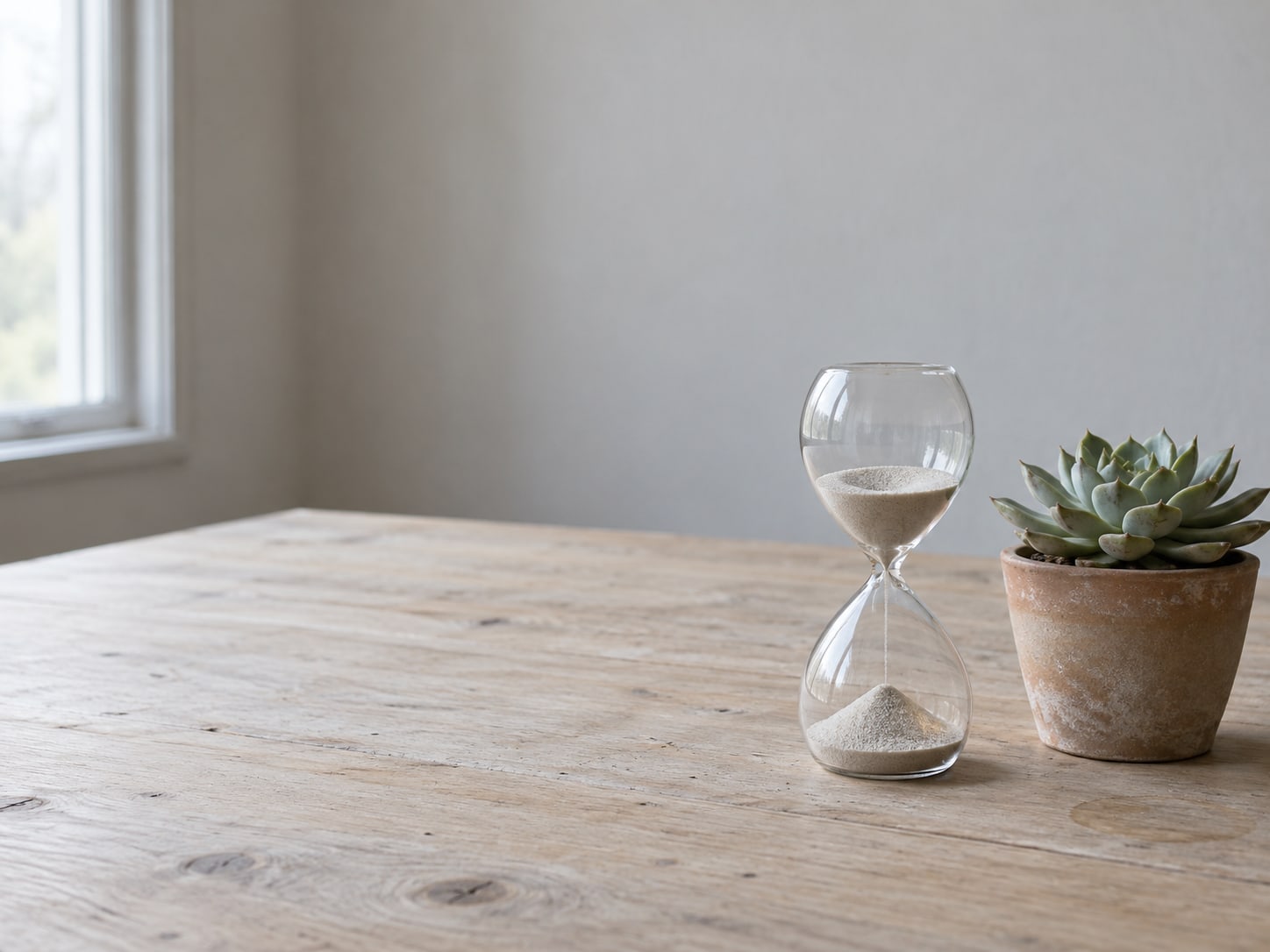 A sand timer standing on a bare desk beside a small potted succulent.