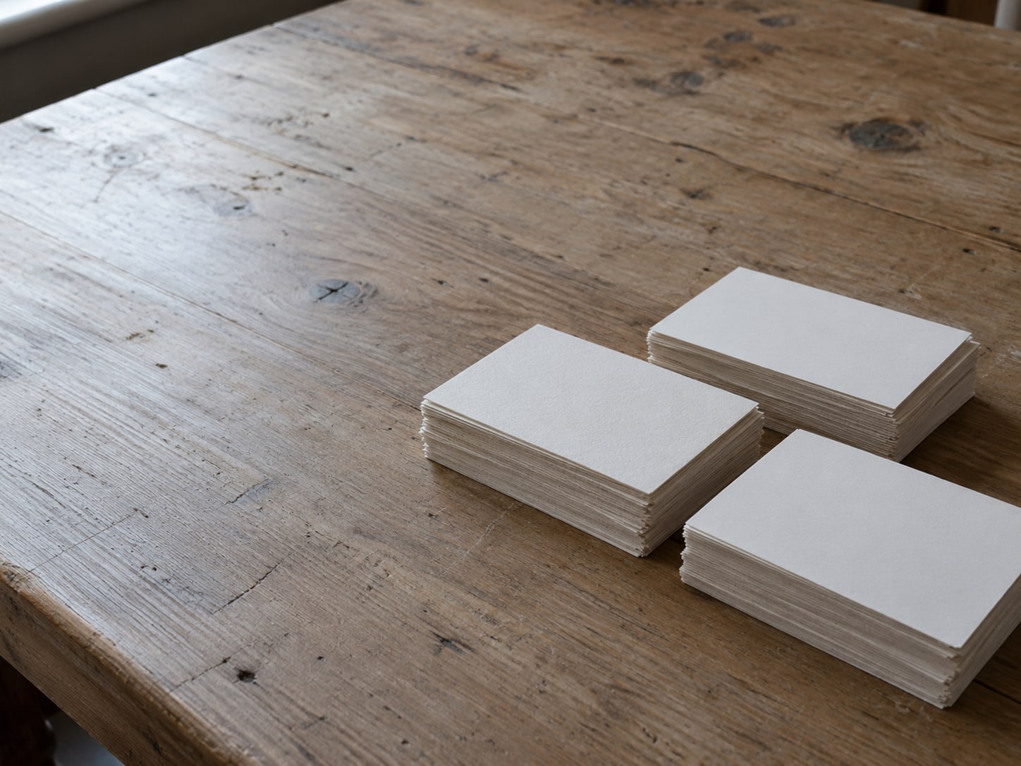 A small stack of blank index cards sorted into three neat piles on a plain wooden desk.