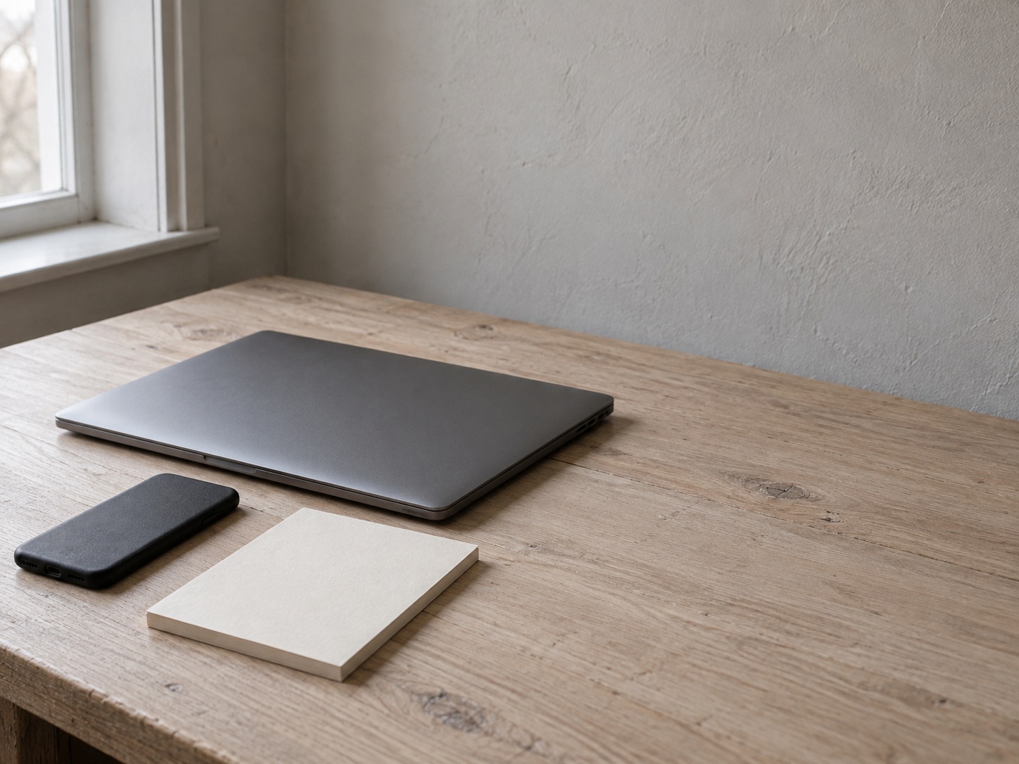 Una laptop cerrada junto a un teléfono boca abajo y una libreta de papel en blanco sobre un escritorio de madera clara con luz suave de la mañana.