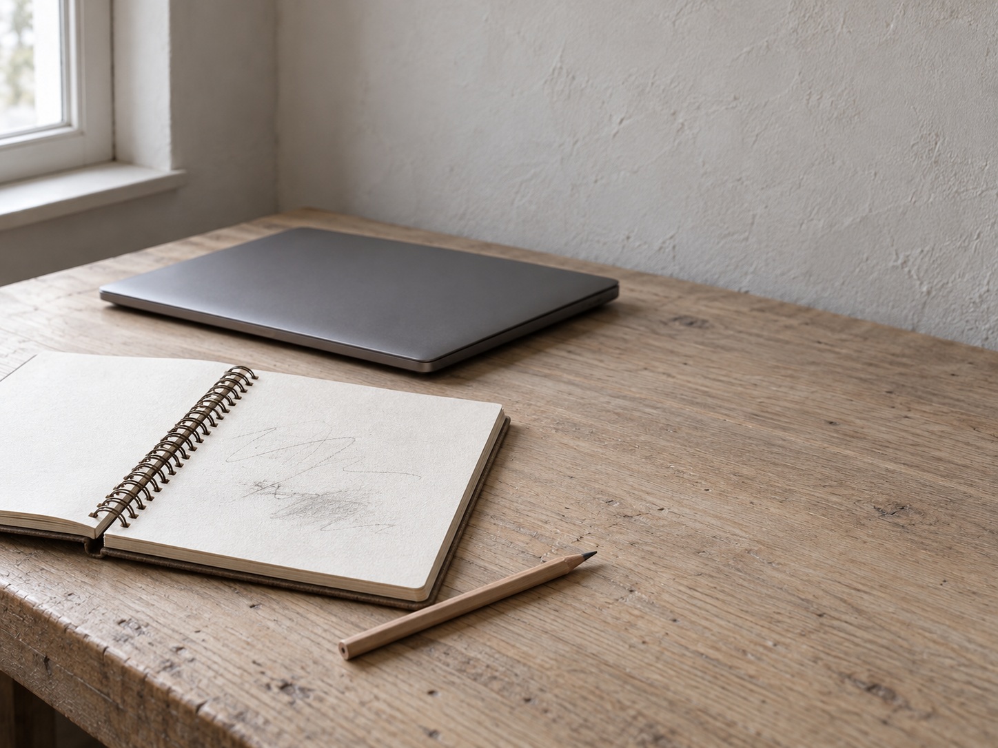 Un cuaderno de espiral abierto en una página con marcas de lápiz tenues e ilegibles, un lápiz afilado y una laptop cerrada sobre un escritorio.