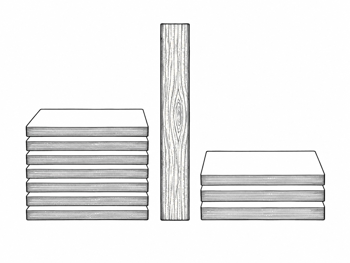 Dos pilas cortas de fichas en blanco una junto a la otra sobre un mantel de lino gris, con una regla de madera sencilla entre ellas.