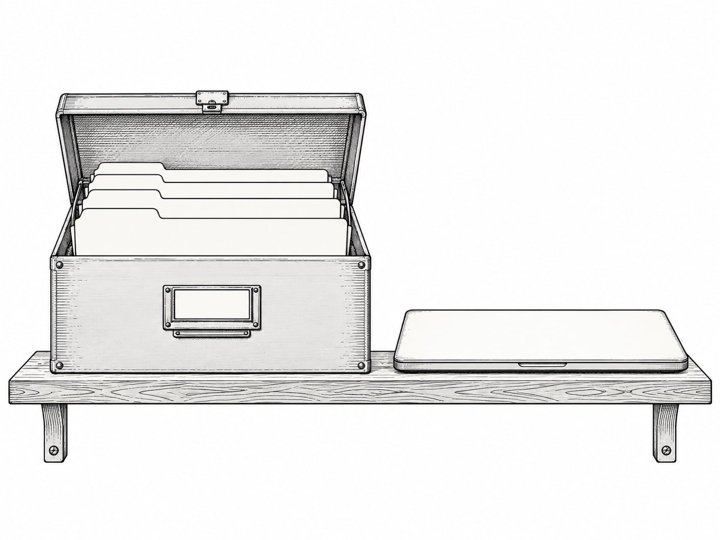 Una caja metálica de archivos con carpetas en blanco con etiquetas junto a una laptop cerrada sobre un estante de madera.