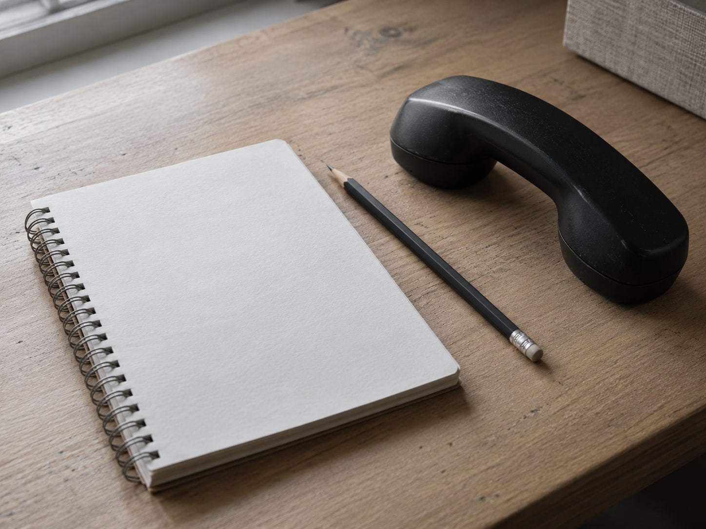 A blank spiral notebook, a sharpened pencil and a closed phone lying face down on a clean desk.