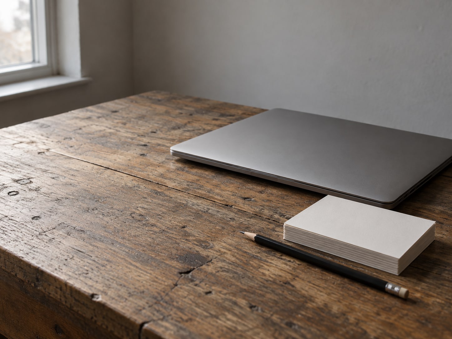 A closed laptop beside a stack of blank index cards and a pencil on a worn wooden desk.