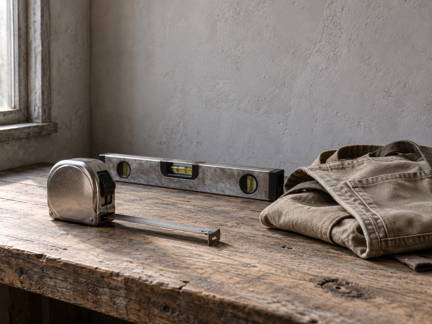 A clean workbench with a tape measure, a level and a folded work apron on a wooden shelf.