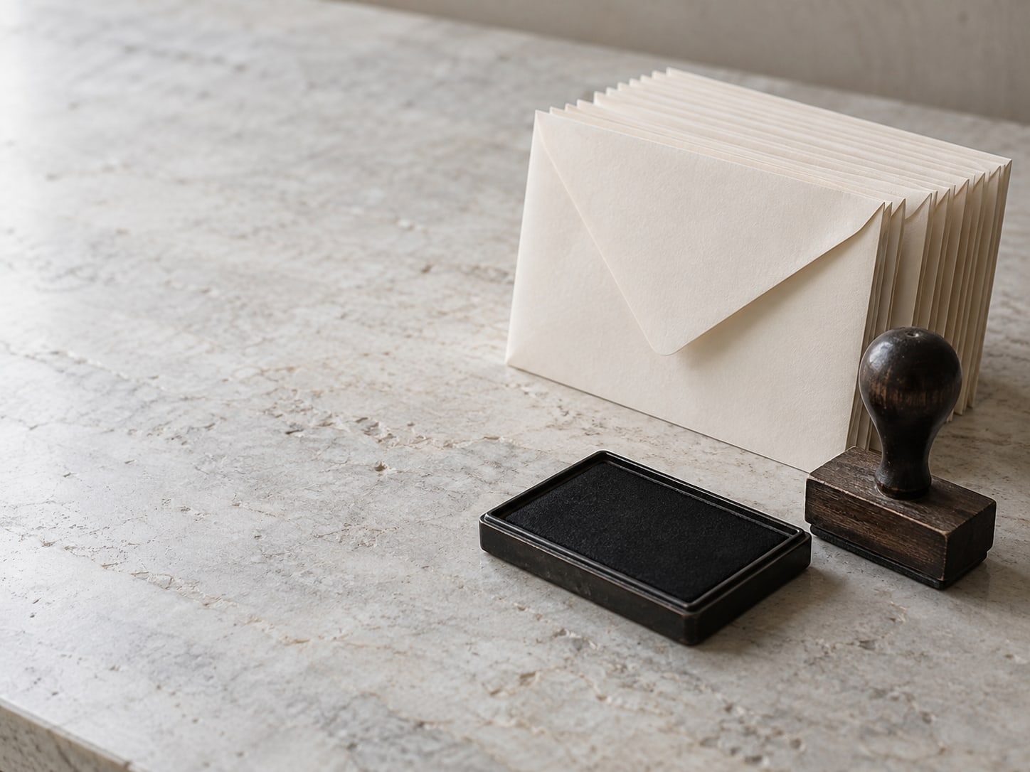 A row of blank paper envelopes beside a rubber stamp and an ink pad on a clean counter.