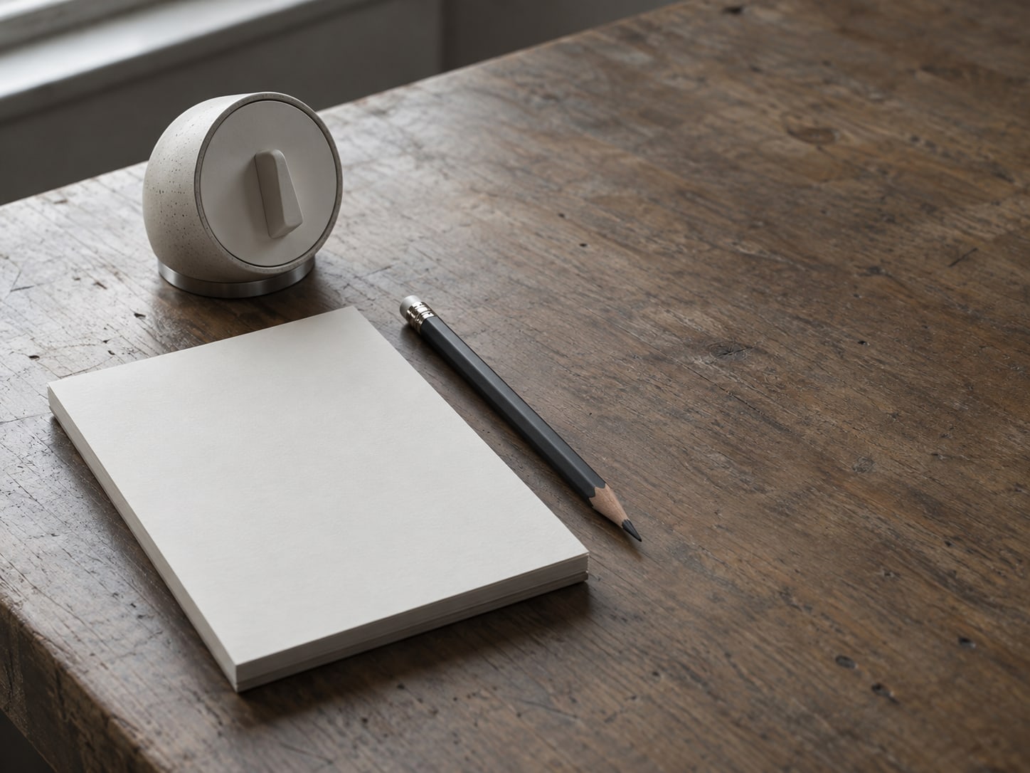 A wooden desk with a blank notepad, a sharpened pencil and a small kitchen timer set beside them.