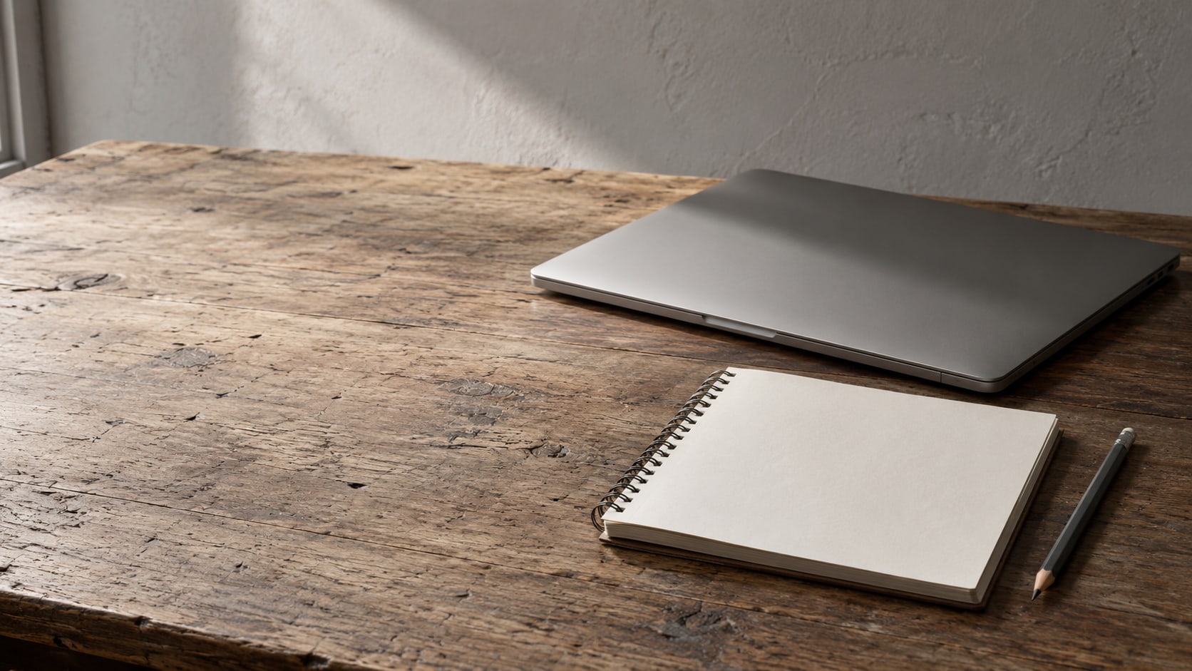 A closed laptop, a blank notepad and a pencil resting on a worn wooden desk.
