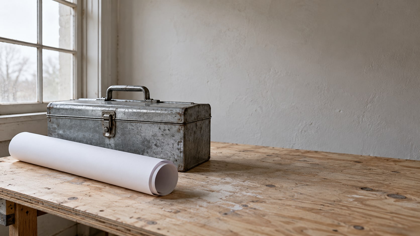 A closed metal toolbox beside a rolled set of blank paper plans on a plywood workbench.