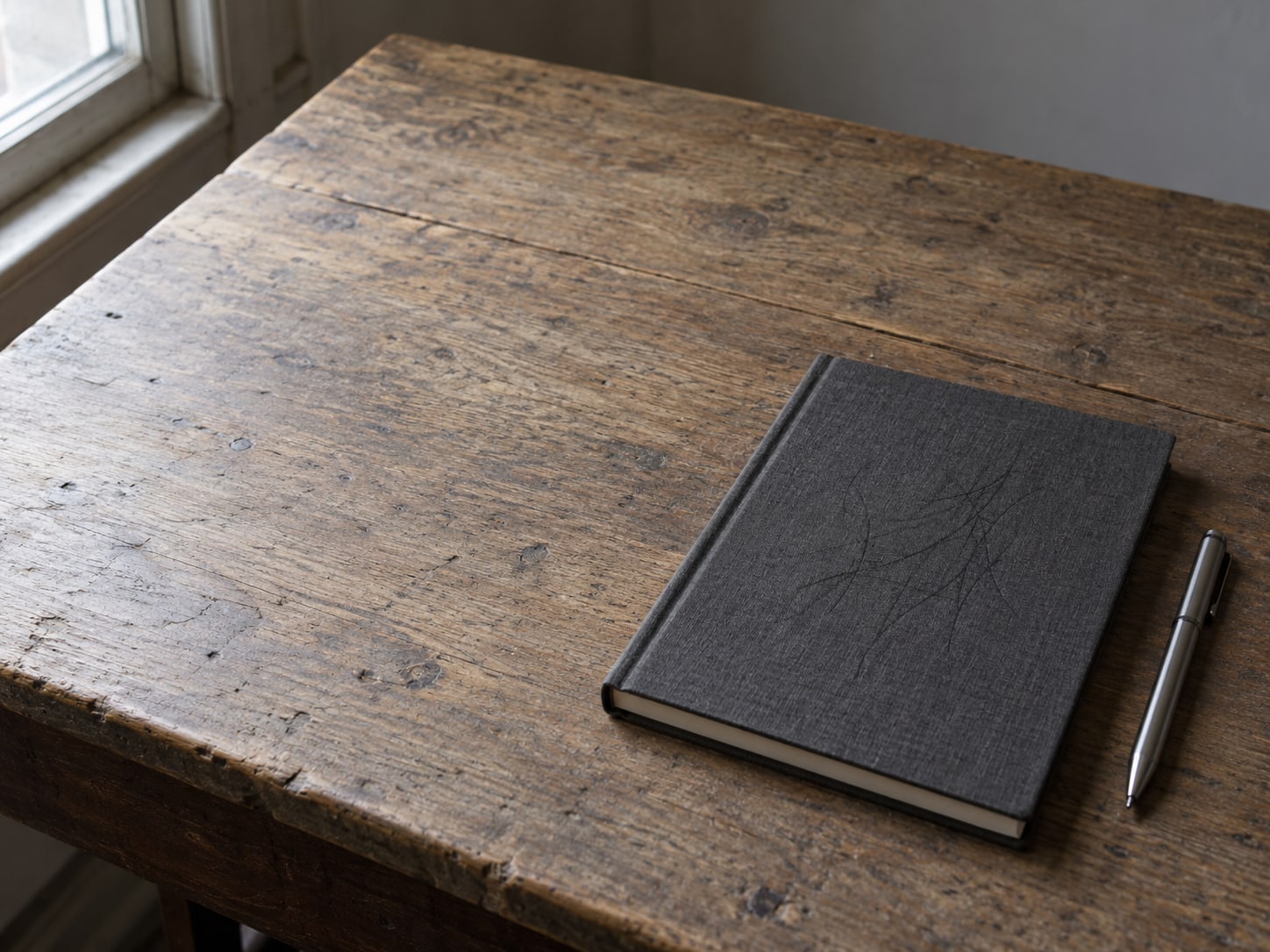 Un cuaderno cerrado con una lista corta de nombres escrita a lápiz, junto a un bolígrafo sobre un escritorio de madera gastada.