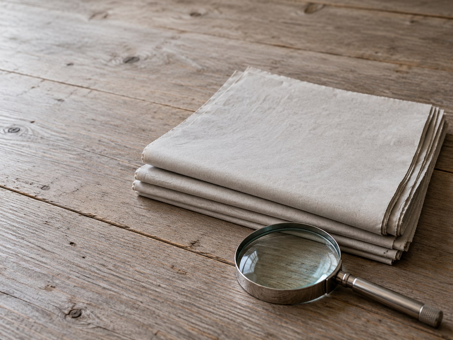 Una pequeña pila de páginas de periódico dobladas junto a una lupa sobre una mesa tranquila