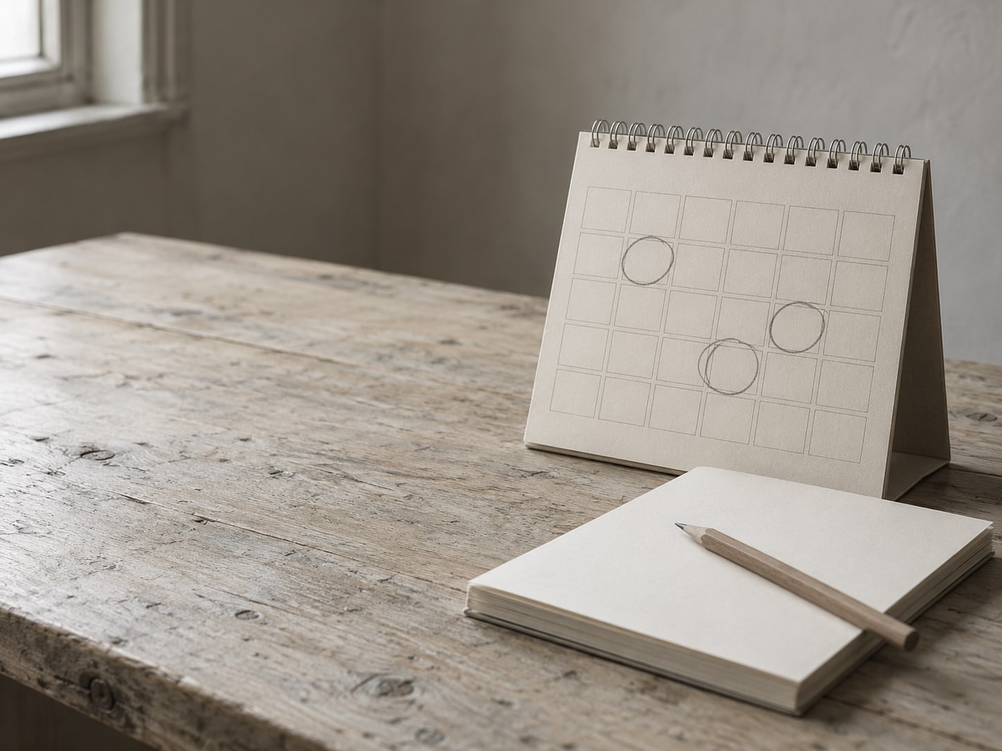 A desk calendar with a few days circled in pencil beside a blank notepad.