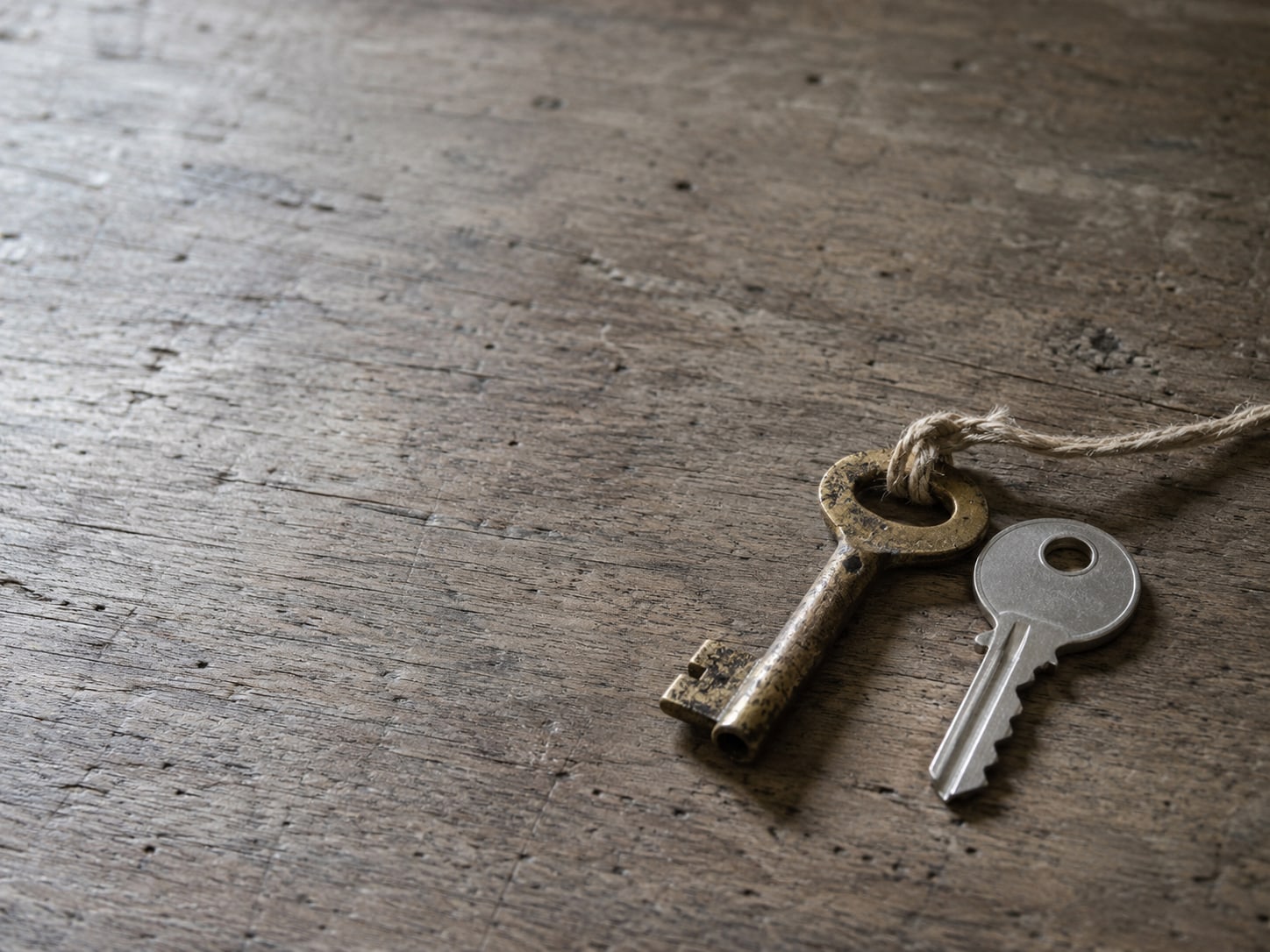An old brass key tied with string lying next to a newer silver key on a bare table.