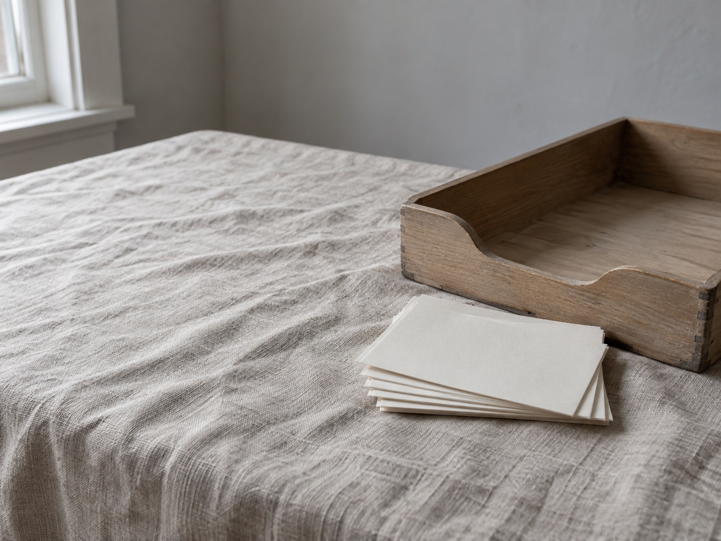 Una pequeña pila de fichas en blanco en abanico junto a una bandeja de cartas de madera sobre un mantel de lino, iluminada por una ventana cercana.