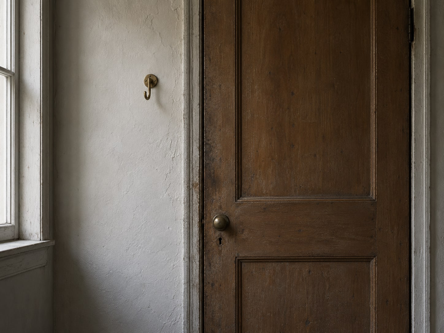 A closed wooden door with an empty brass key hook on the wall beside it, in soft side light.