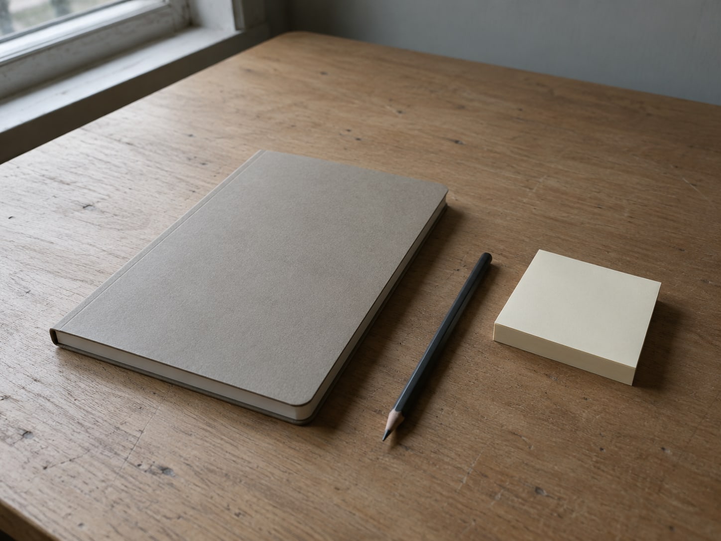 A closed notebook beside a pencil and a small stack of blank sticky notes, placed on a clean desk.