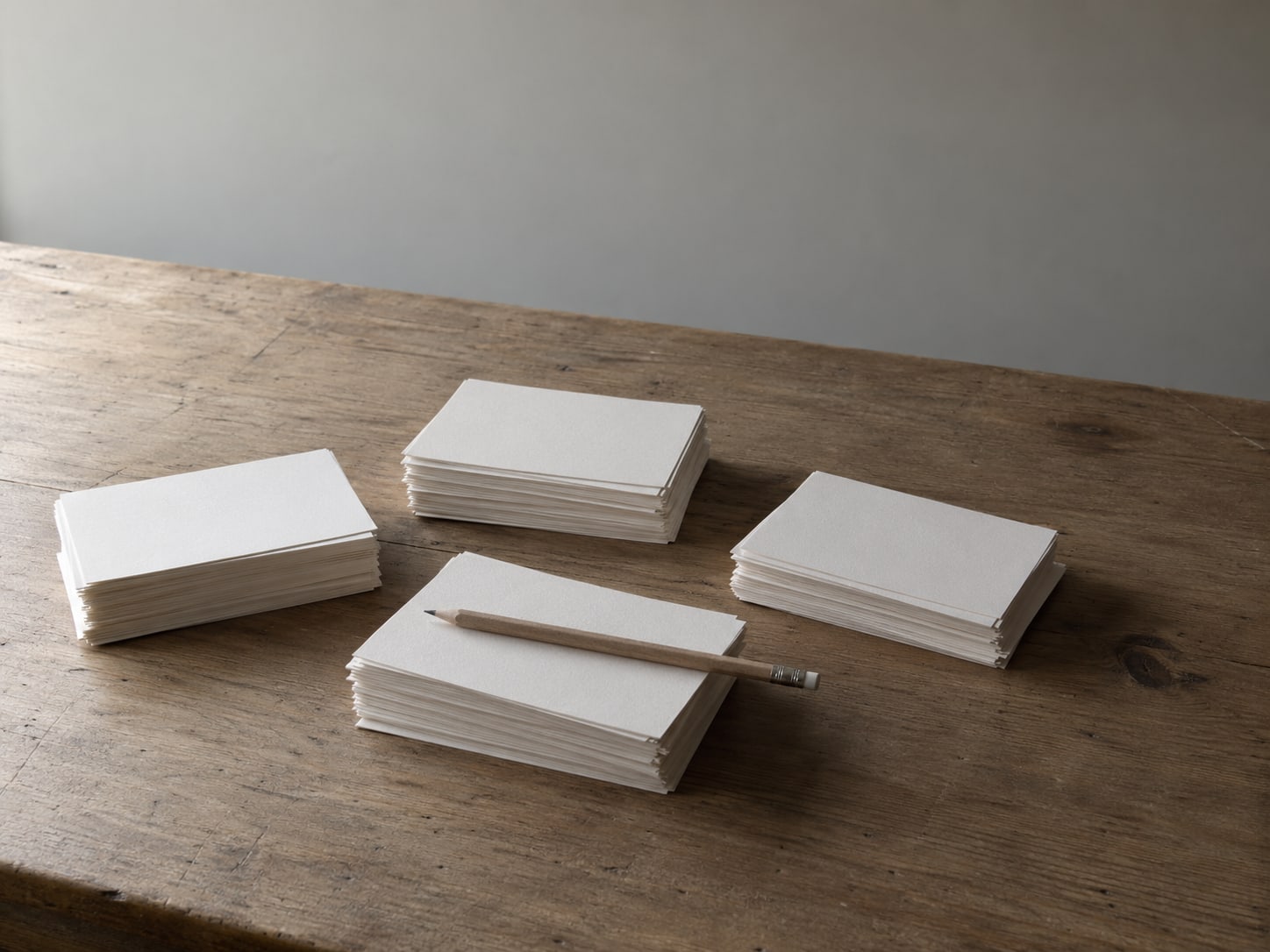 A set of blank index cards sorted into four loose piles on a wooden table, with a pencil lying across one pile.