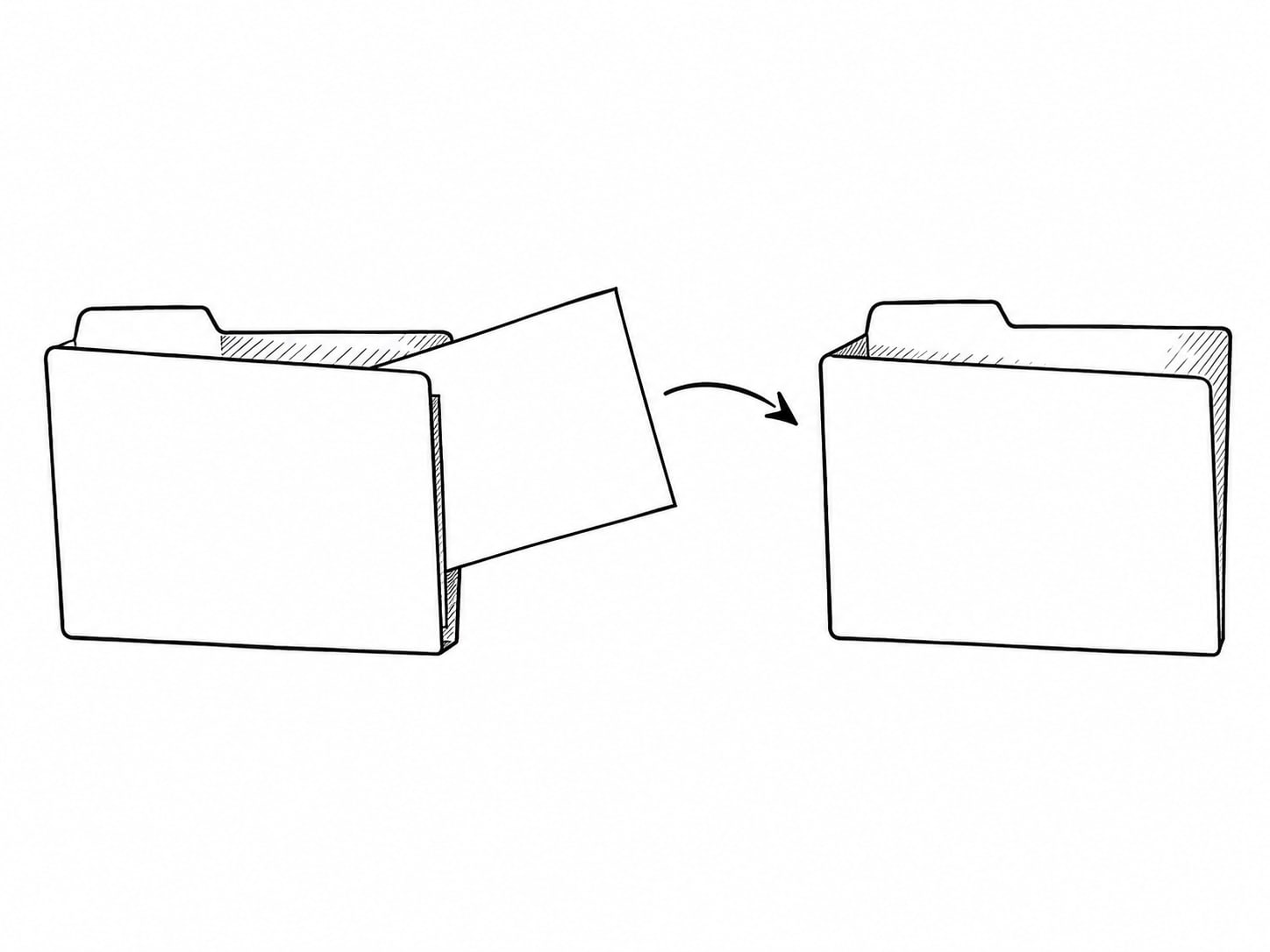 Two cardboard folders side by side on a desk, one slightly open with a single sheet of blank paper sliding across into the other.