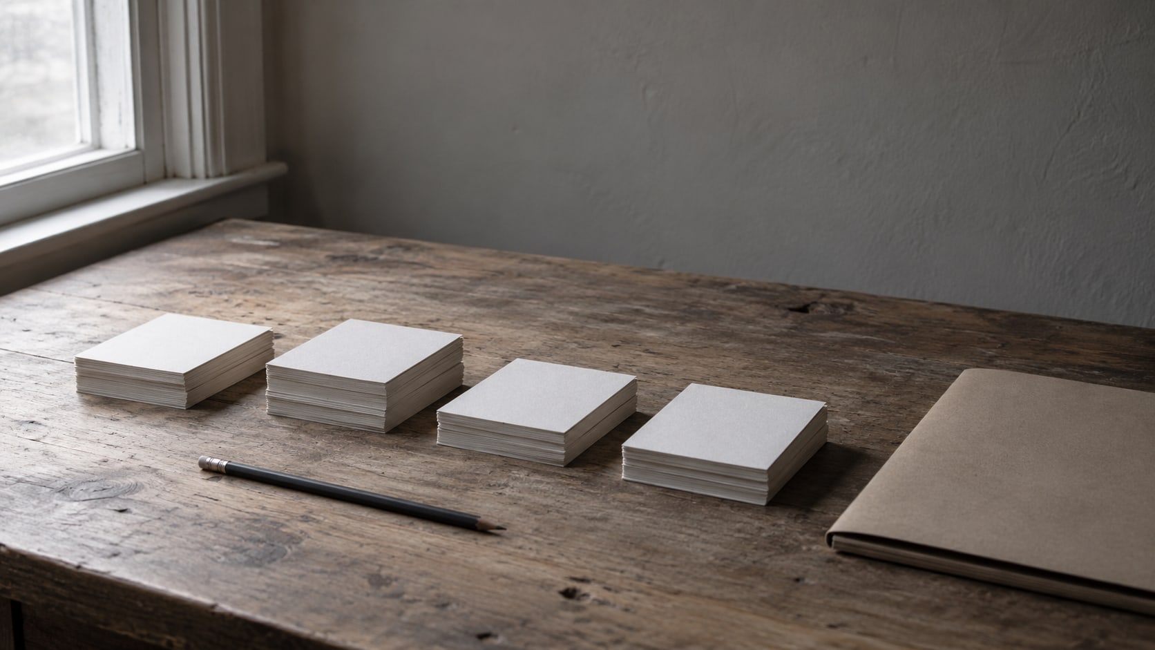 A wooden desk with four loose piles of blank index cards, a pencil and a closed folder, lit from the side.