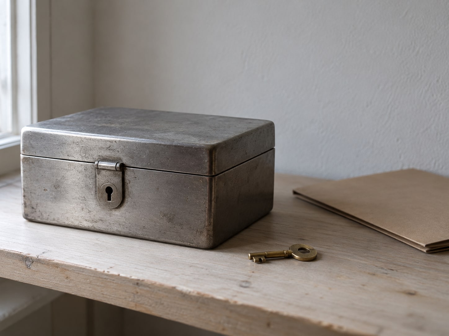 A closed metal strongbox with its own small key beside a blank folder on a wooden shelf.