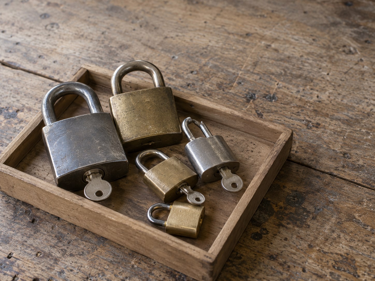 A shallow wooden tray holding several padlocks of different sizes on a workbench, a few with keys still in them.