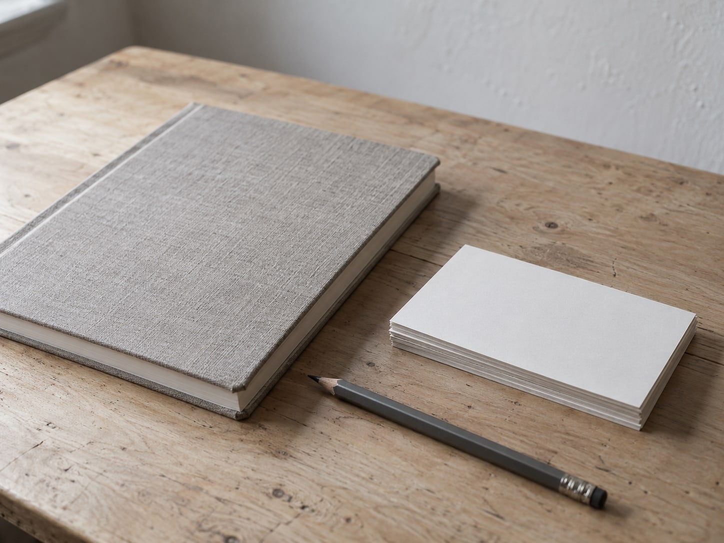 A closed notebook and a pencil resting on a clean wooden desk beside a small stack of blank index cards.