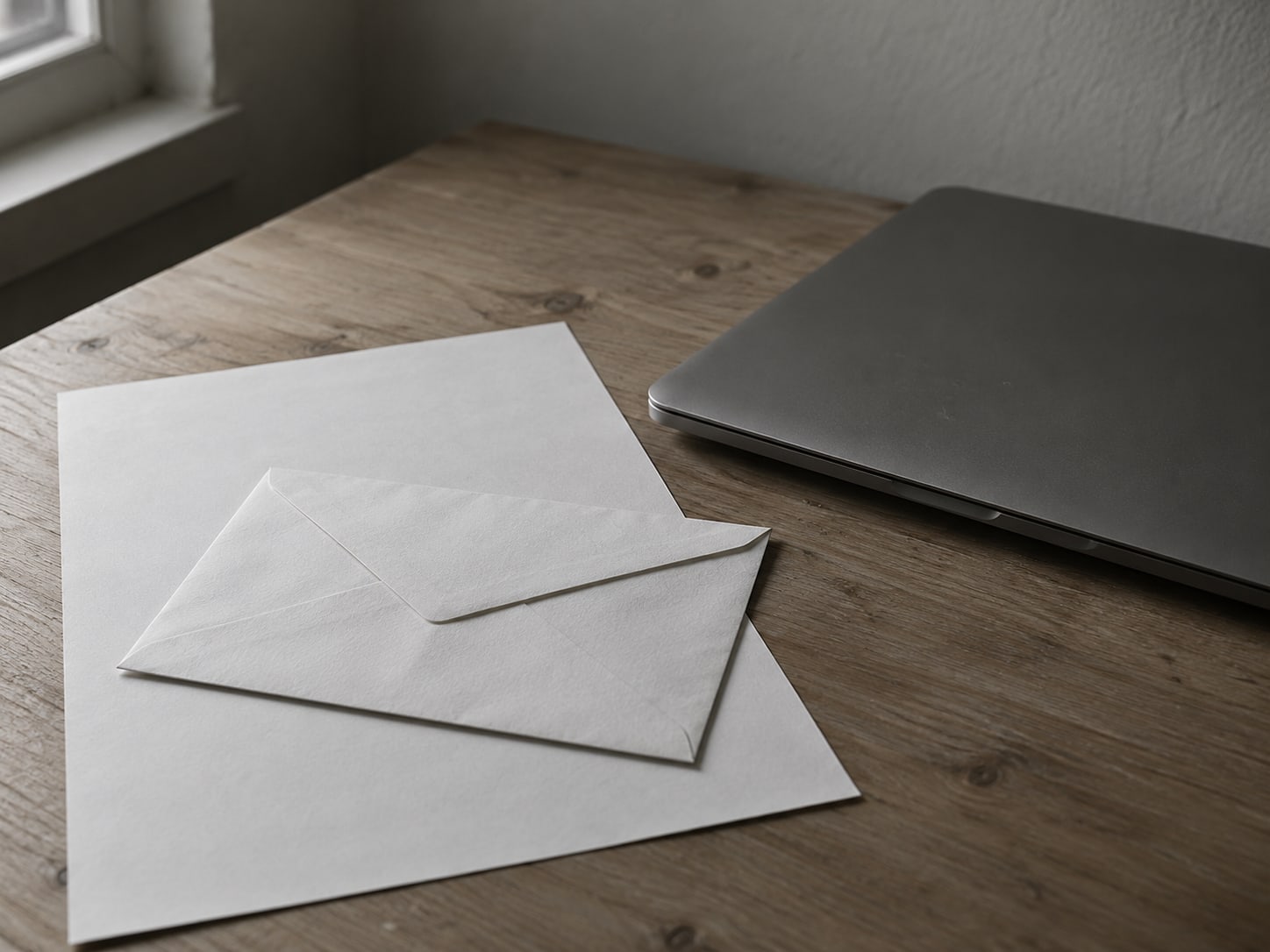 A sealed envelope lying on a blank sheet of paper beside a closed laptop on a desk.