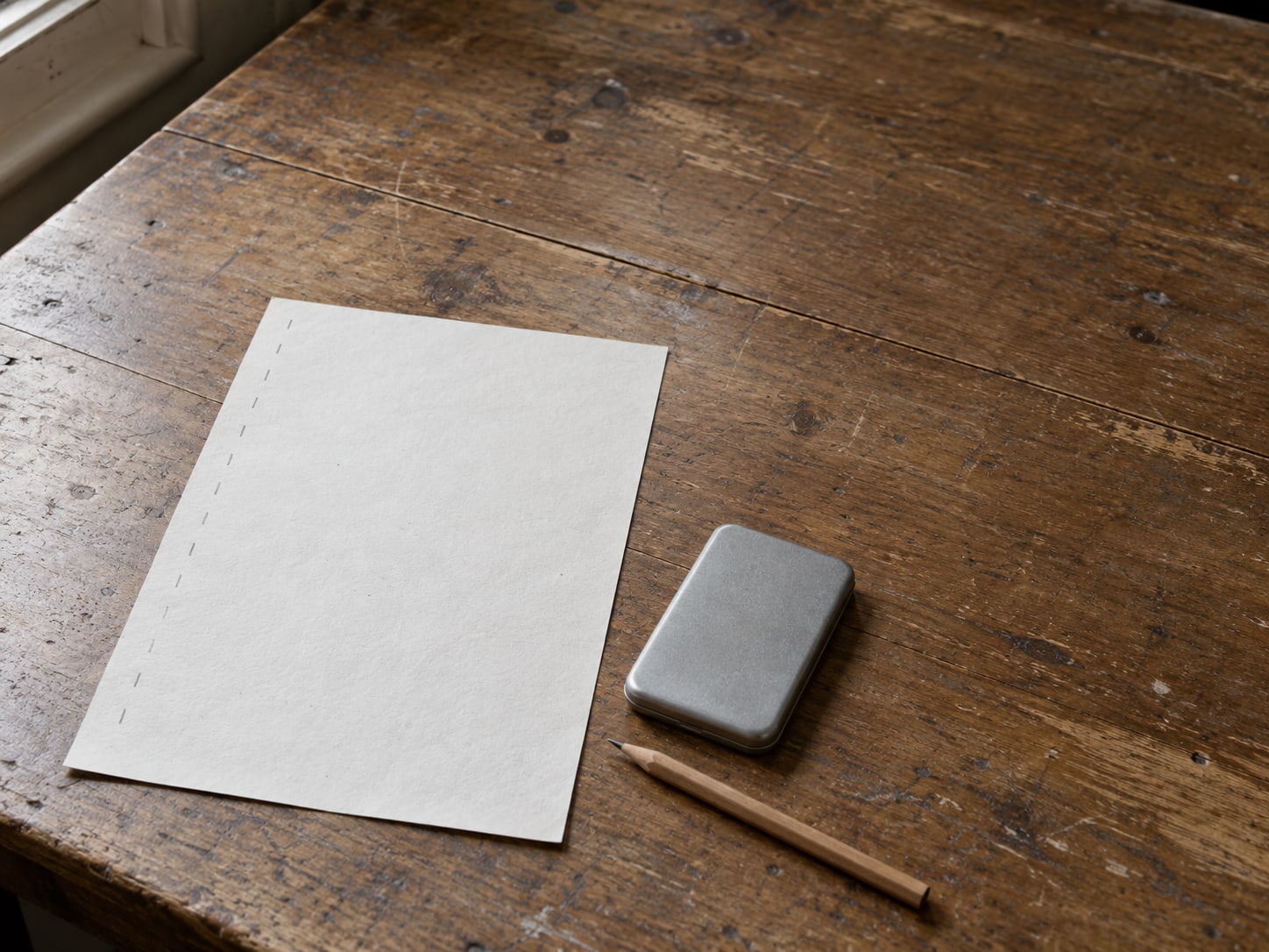 A printed page with pencil tick marks down its margin beside a small calculator on a plain desk.