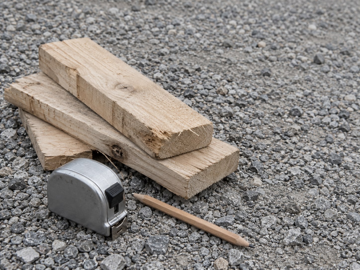 A stack of lumber offcuts, a tape measure and a pencil on a gravel surface in flat daylight.