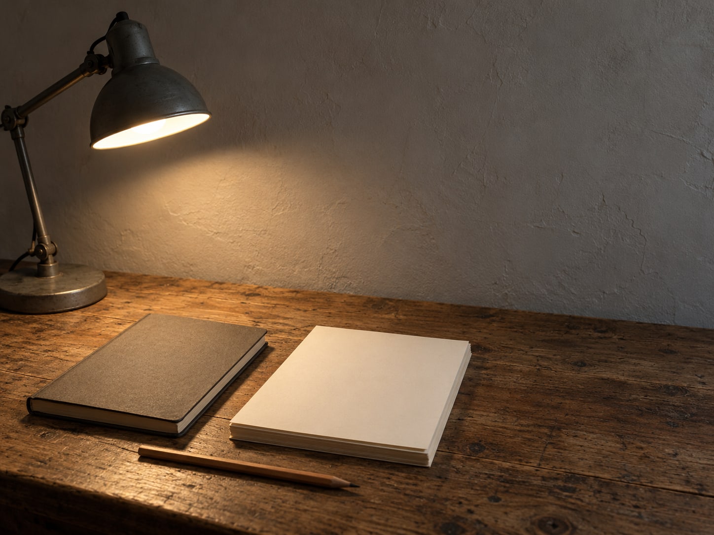 A closed notebook, a small stack of blank pages and a pencil laid out on a worn wooden desk under a warm lamp.