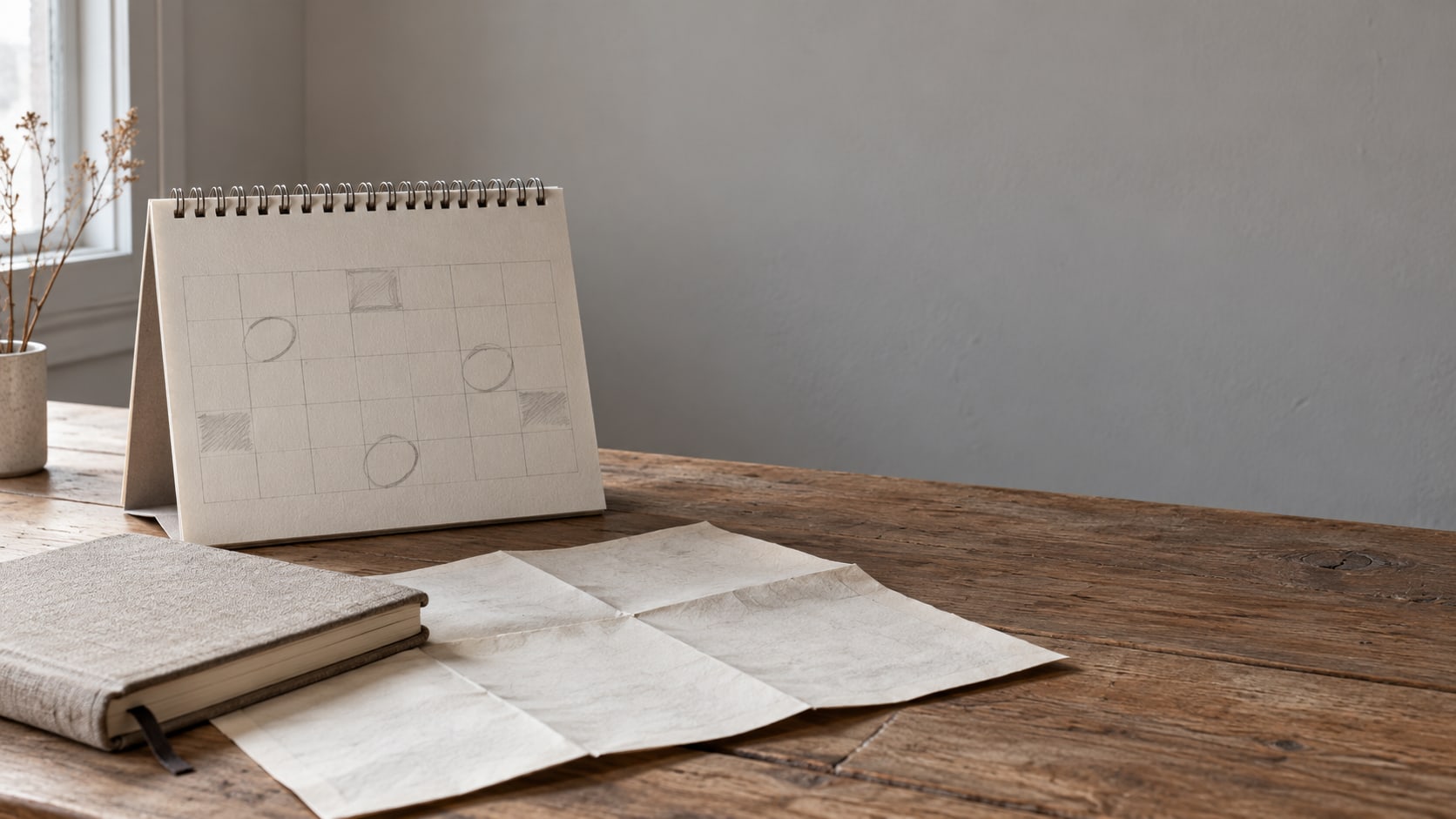 A wall calendar with a few months lightly marked in pencil, a closed notebook and a folded paper map arranged on a wooden desk.