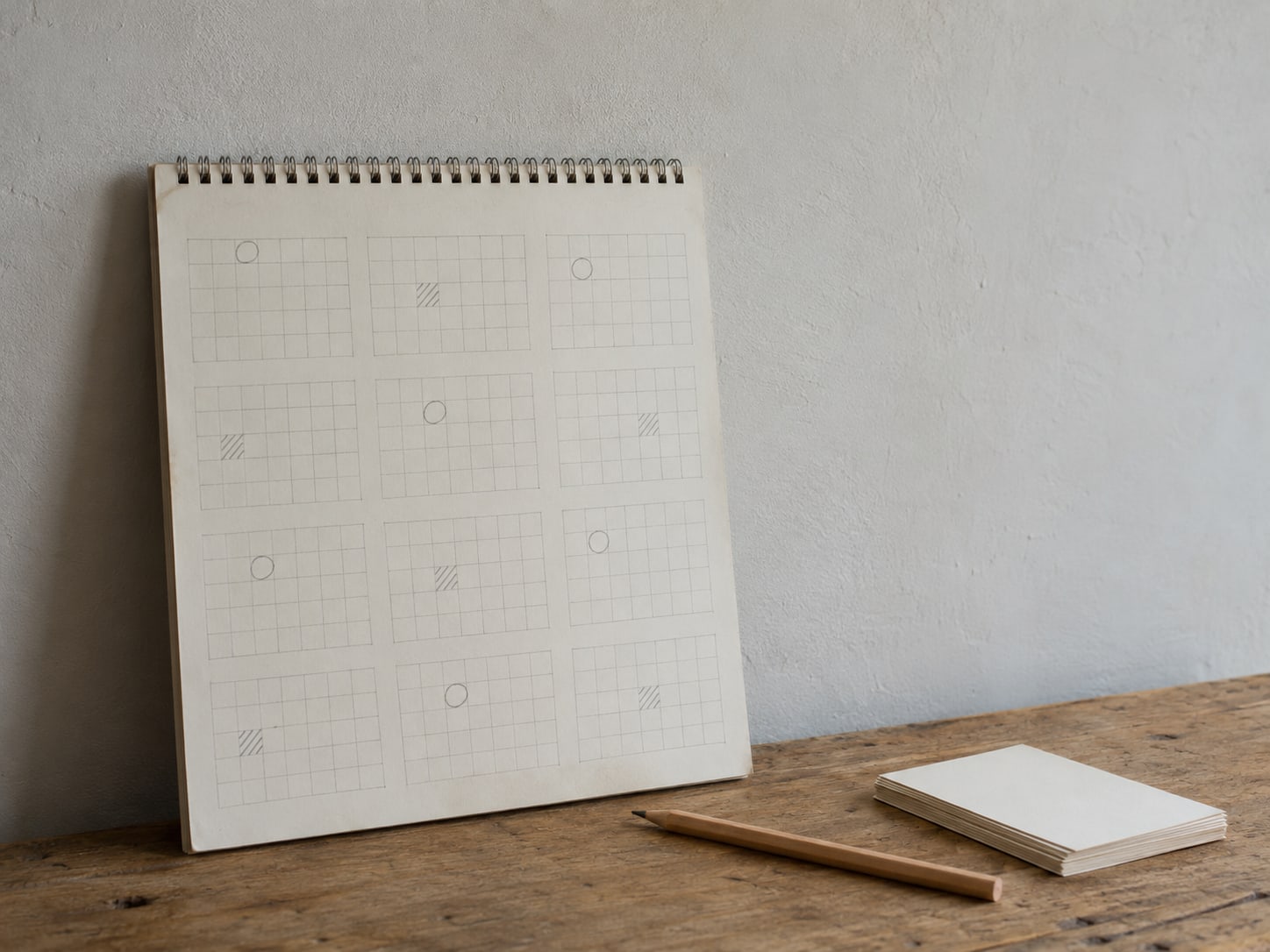 A wall calendar with several months lightly marked in pencil, beside a pencil and a small stack of index cards on a wooden desk.