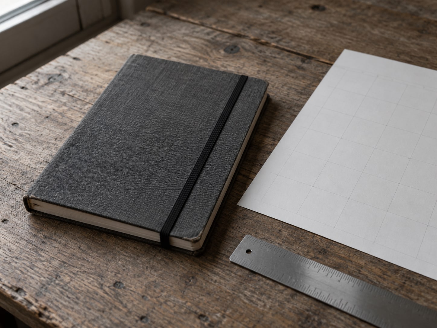 A closed notebook with a rubber band around it beside a blank paper calendar and a ruler.