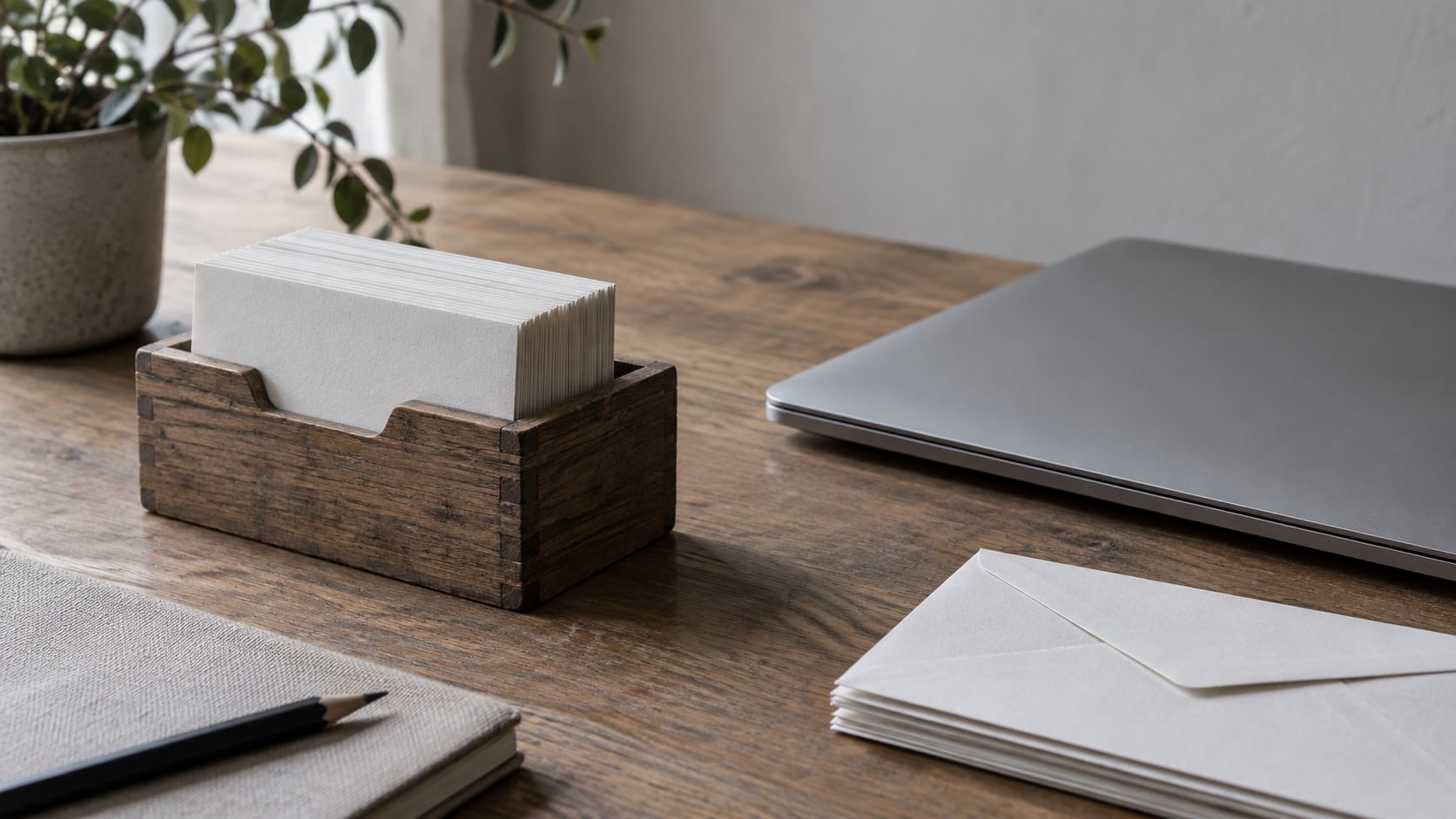Una caja de madera con fichas en blanco junto a una laptop cerrada y una pequeña pila de sobres sencillos sobre un escritorio de madera ordenado.