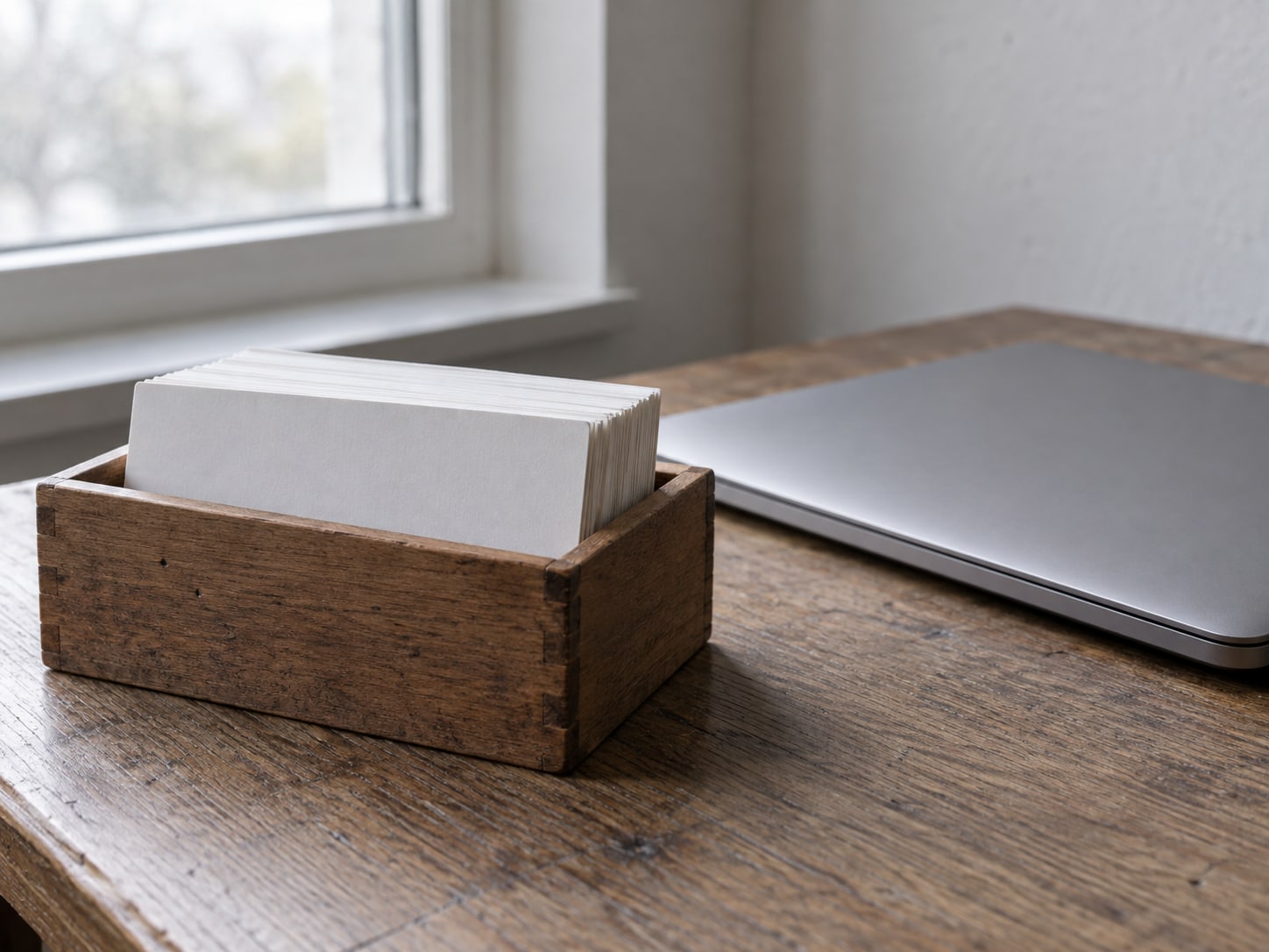 Una caja de madera con fichas en blanco junto a una laptop cerrada sobre un escritorio ordenado.