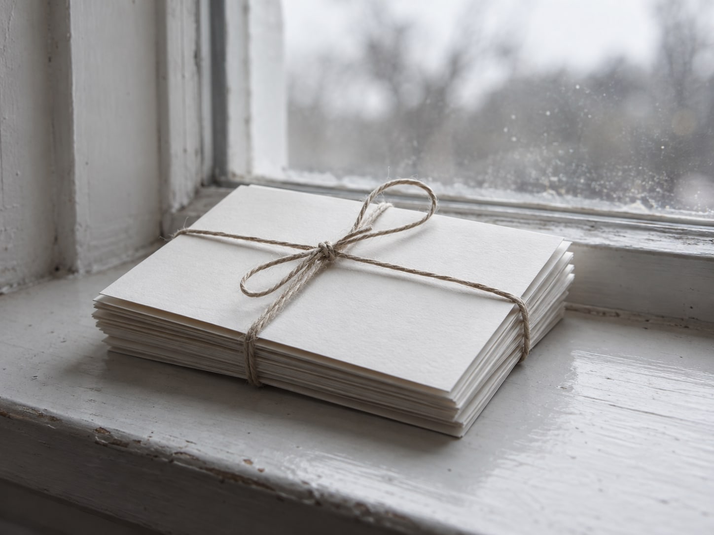 Una pequeña pila de tarjetas de agradecimiento atadas con un cordel sobre el marco de una ventana con luz suave de día.