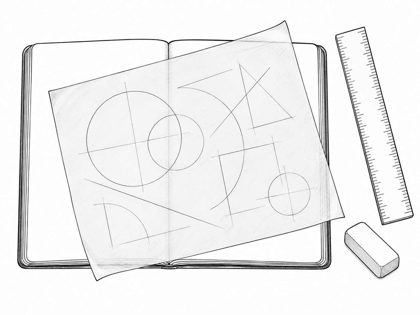 A sheet of tracing paper with loose pencil shapes laid over a blank sketchbook, with a ruler and eraser nearby.