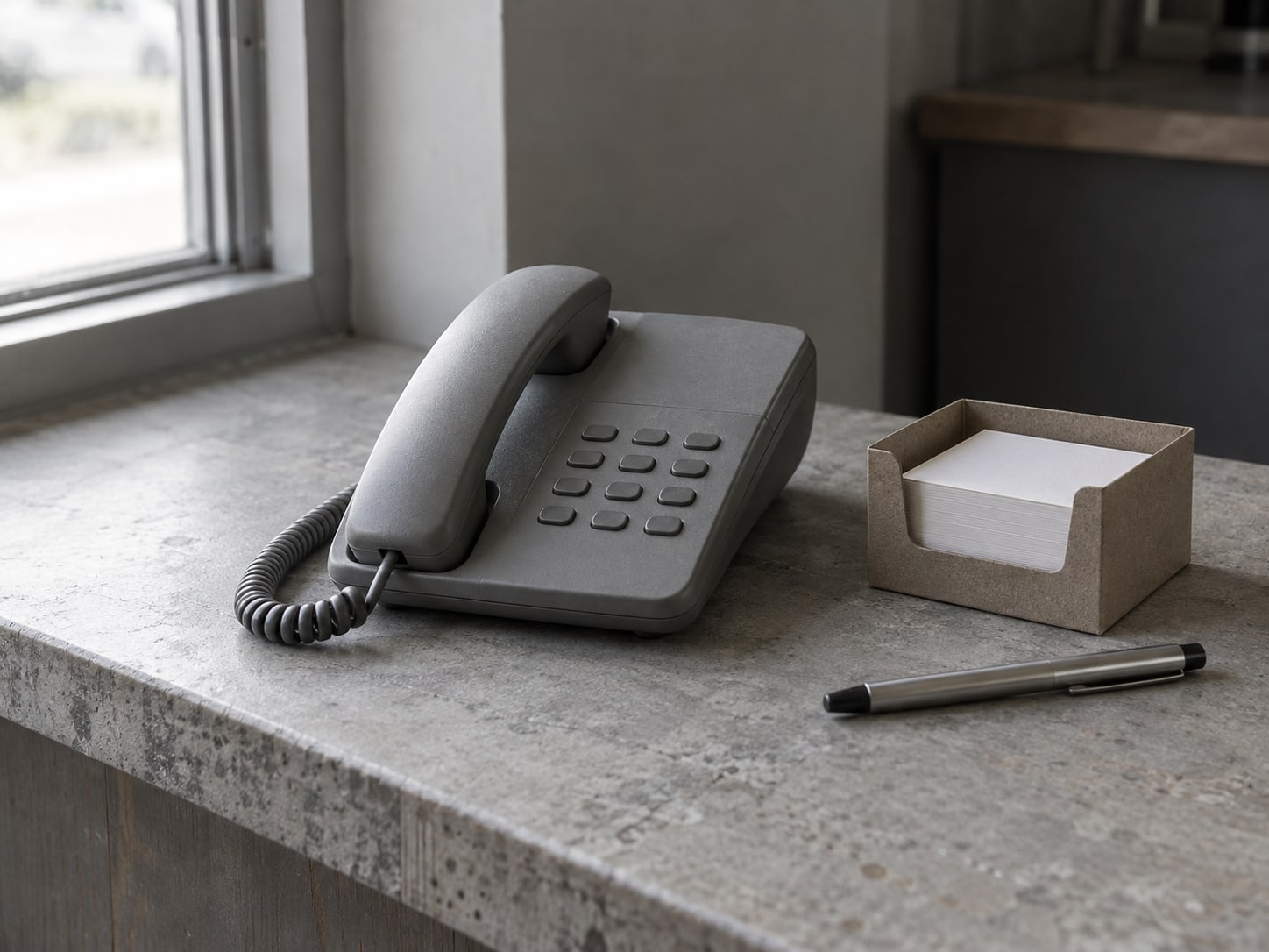 A desk telephone beside a small open box of blank paper cards and a pen on a shop counter.
