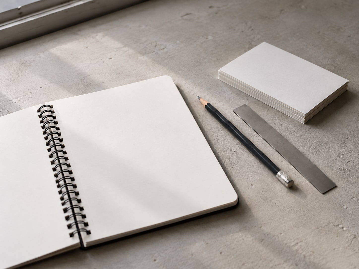 A spiral notebook open to a blank page with a pencil, a small ruler and a stack of index cards on a desk.
