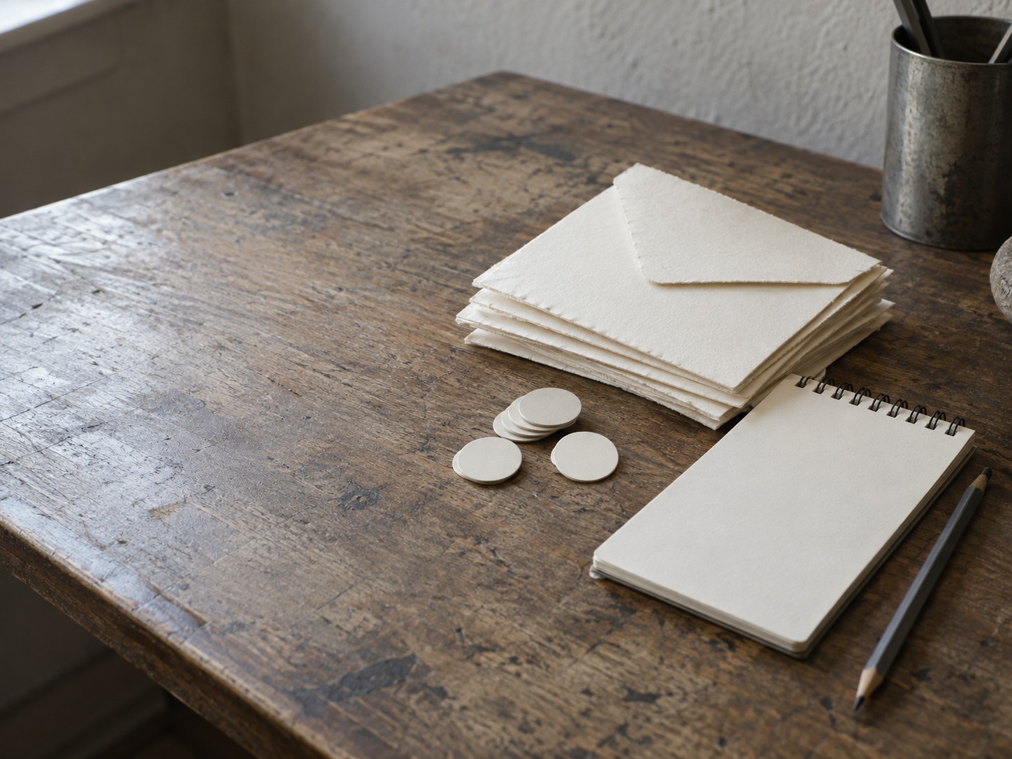 Una pila de sobres, unos discos de papel lisos y una libreta pequeña con un lápiz sobre un escritorio de madera gastada.