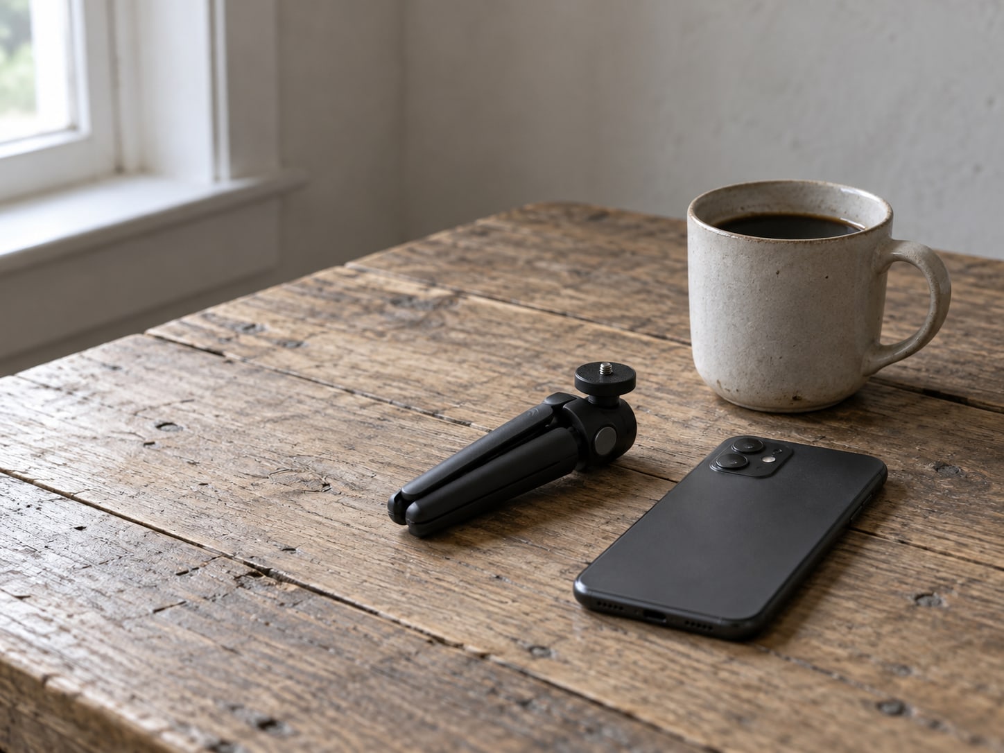 A small folded phone tripod beside a switched-off phone lying face down on a wooden table, next to a cup of coffee.