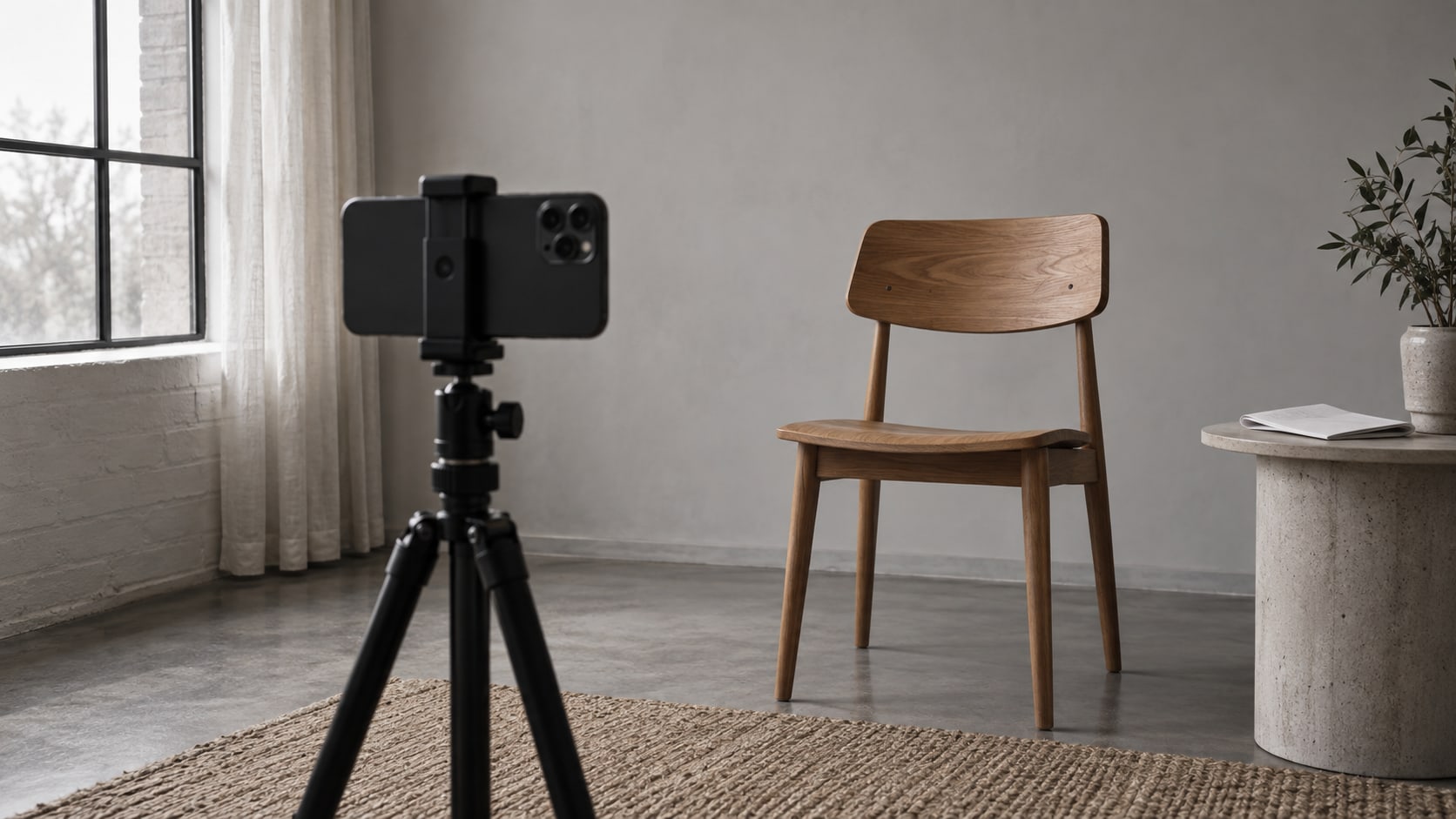 A phone on a small tripod facing an empty wooden chair in a softly lit room, with a folded blank release form on a side table.