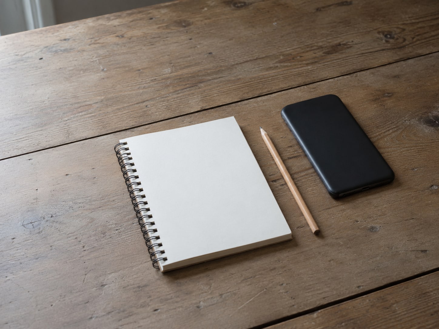 A blank notepad and a pencil beside a closed phone lying face down on a quiet wooden desk.