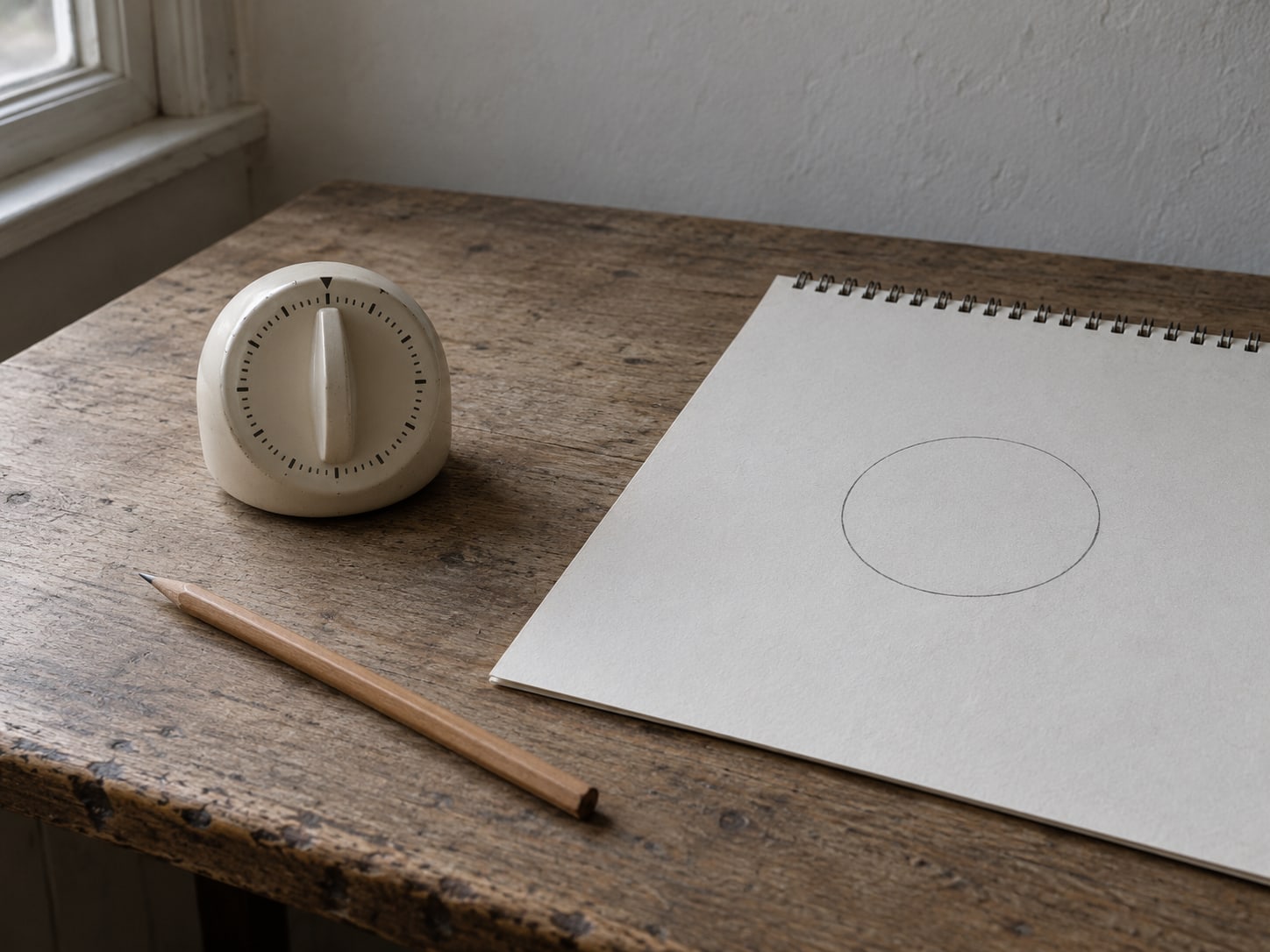 A kitchen timer, a pencil and a blank wall calendar with one day circled in pencil on a quiet desk.
