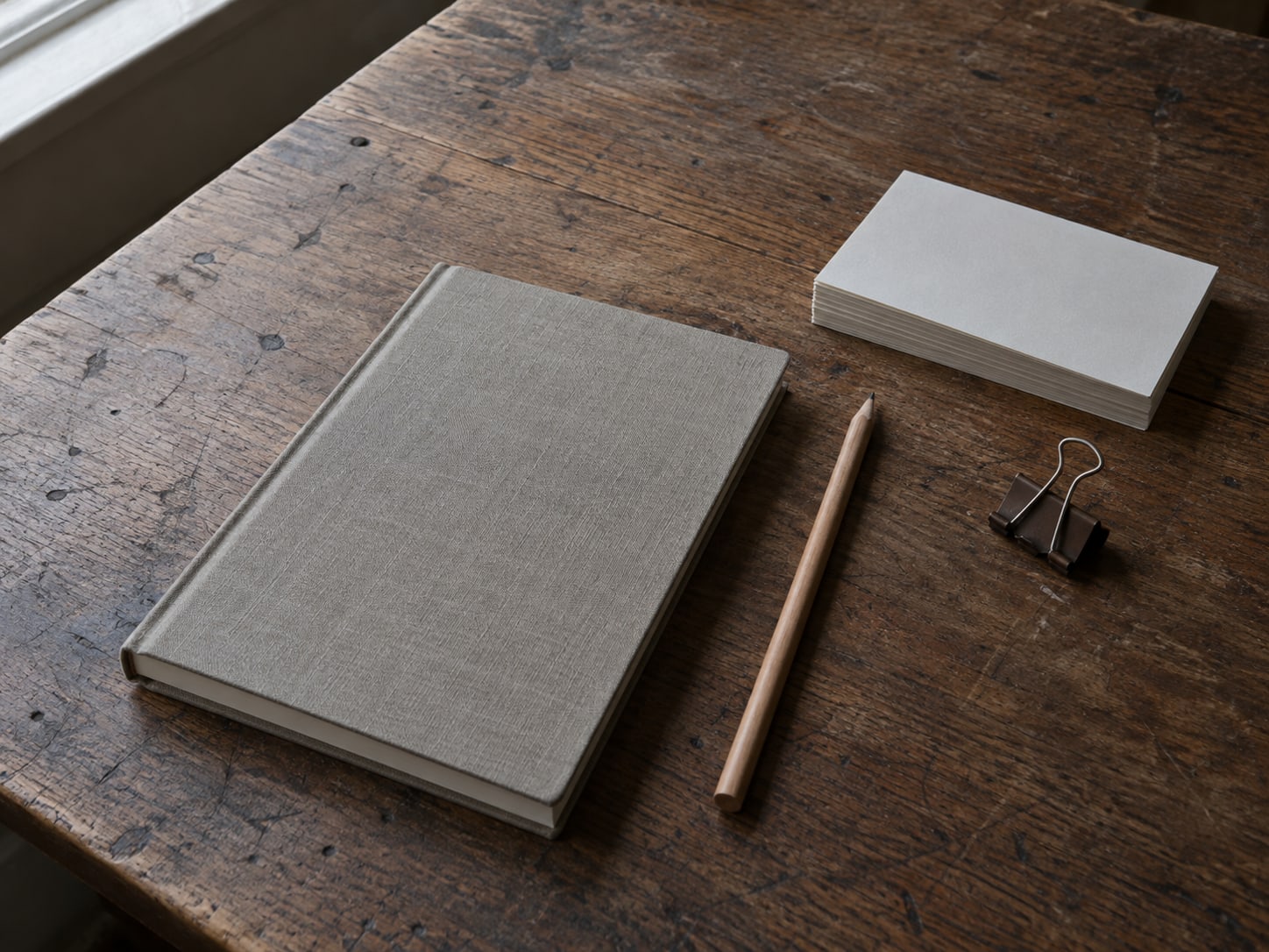 A closed notebook with a pencil, a small stack of blank index cards and a binder clip on a worn wooden desk.
