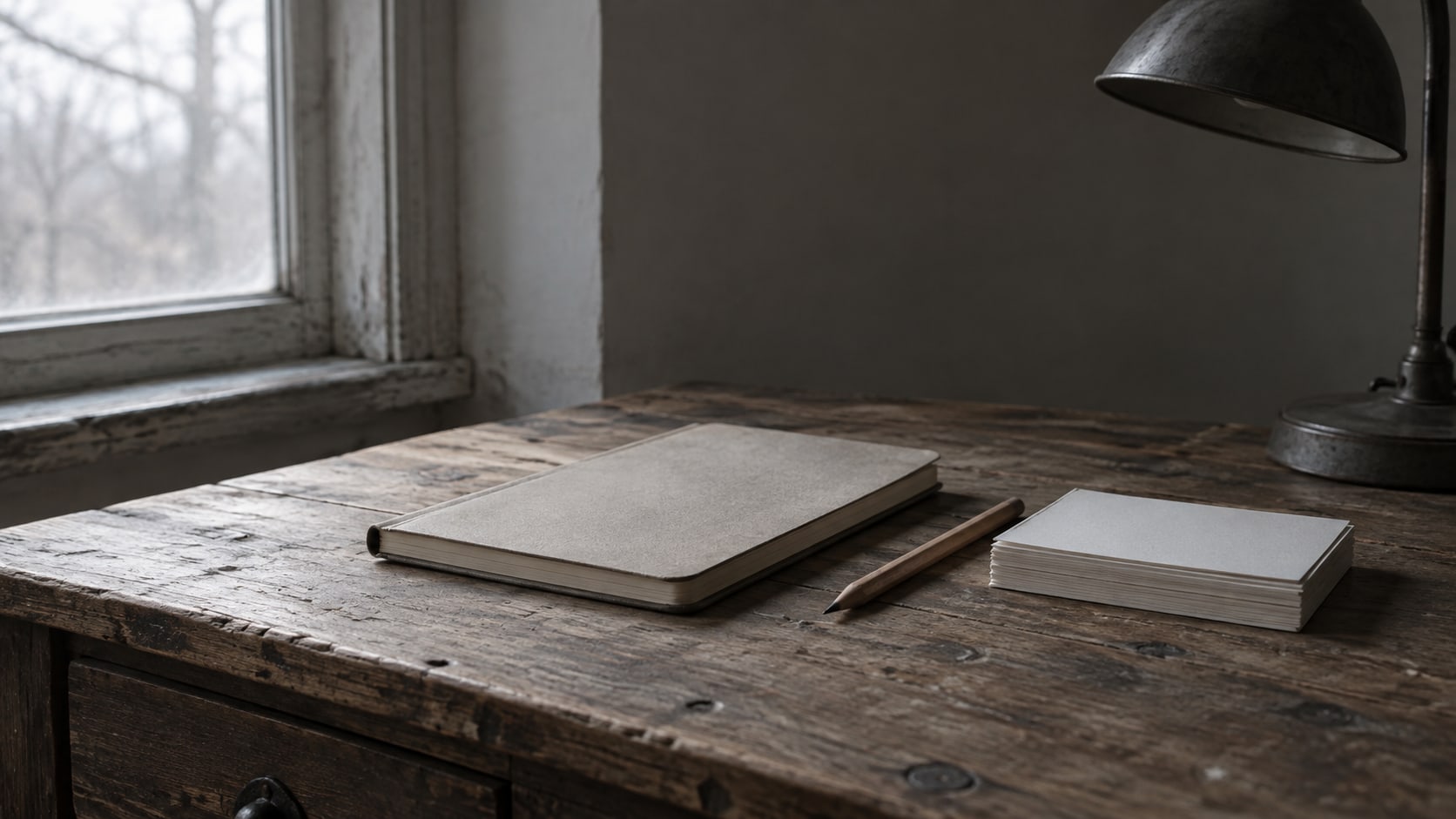 A closed notebook, a pencil and a small stack of blank index cards on a worn wooden desk under a lamp.