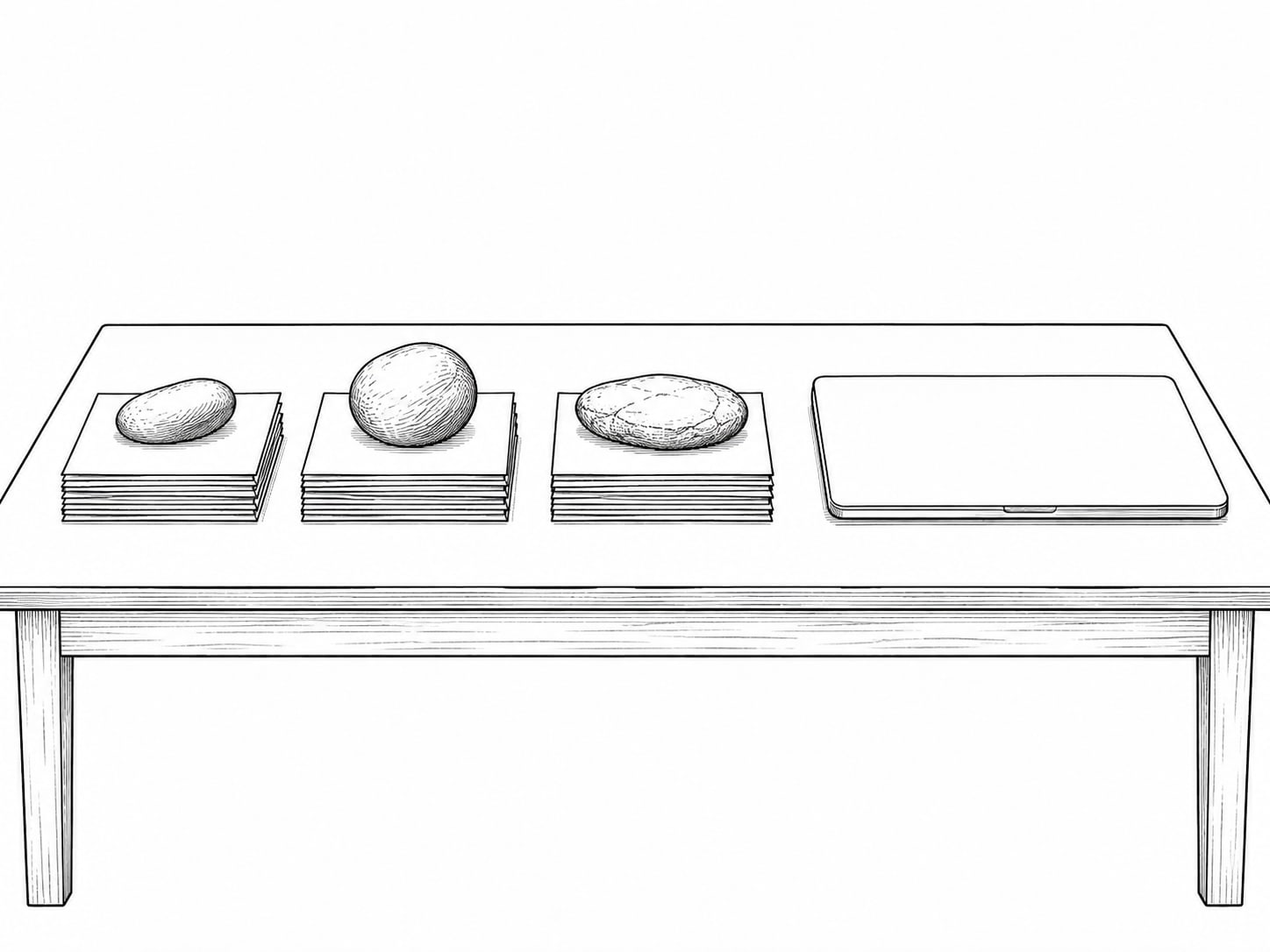 Three small paper stacks in a row on a table, each held down by a different smooth stone, beside a closed laptop.